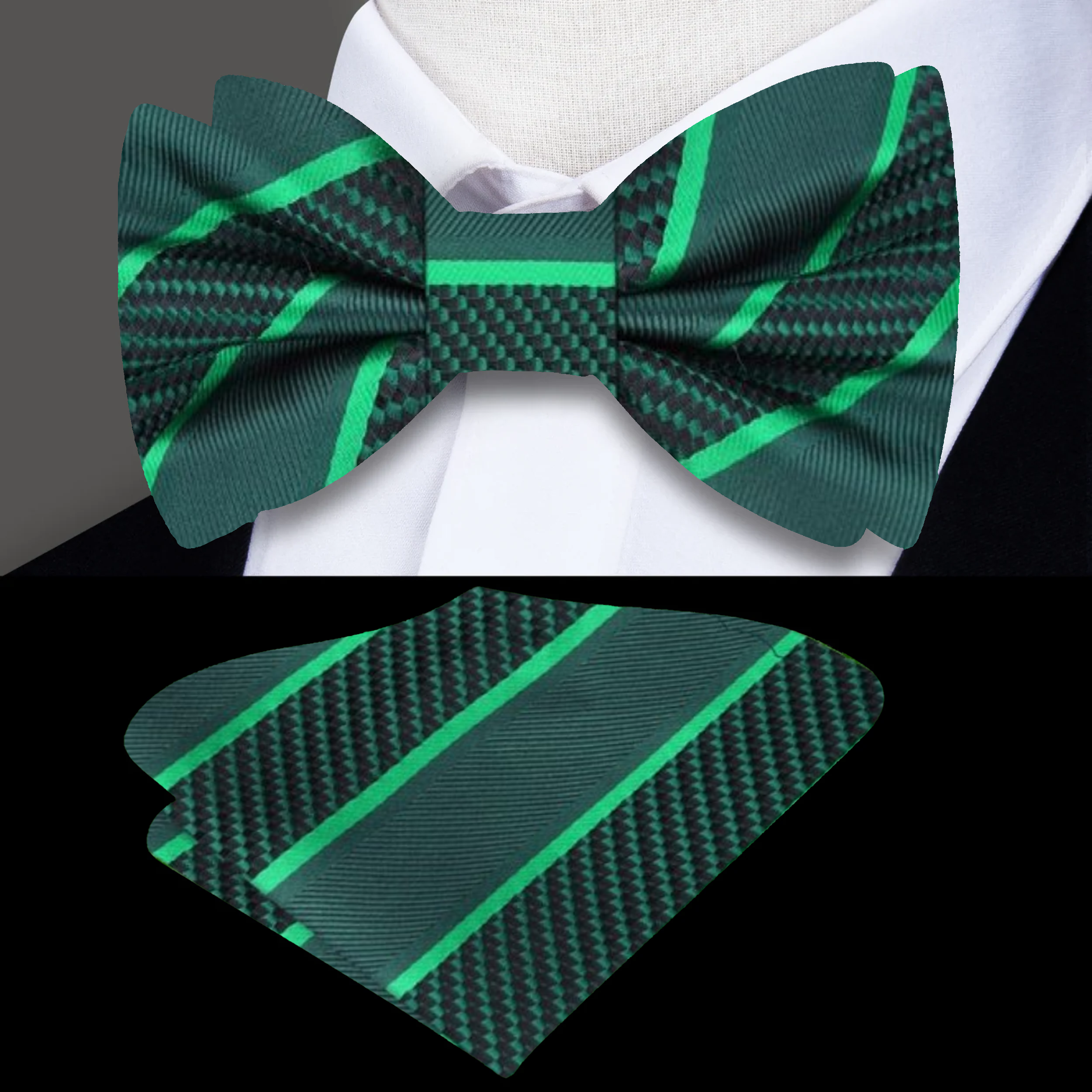 Front view of a stylish silk striped bow tie on a white background, highlighting its vibrant colors