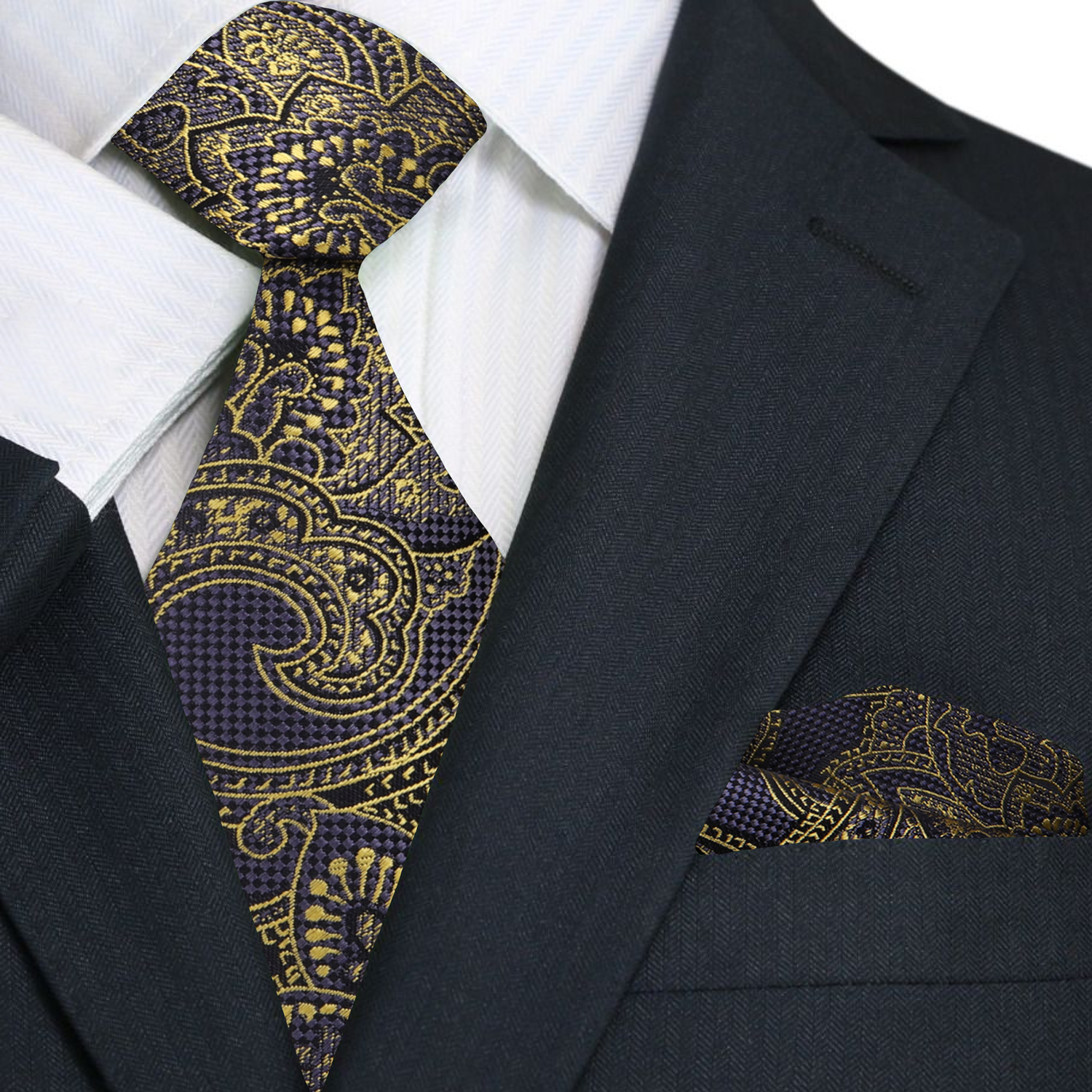 Elegant paisley silk tie in dark grey and gold with detailed pattern view