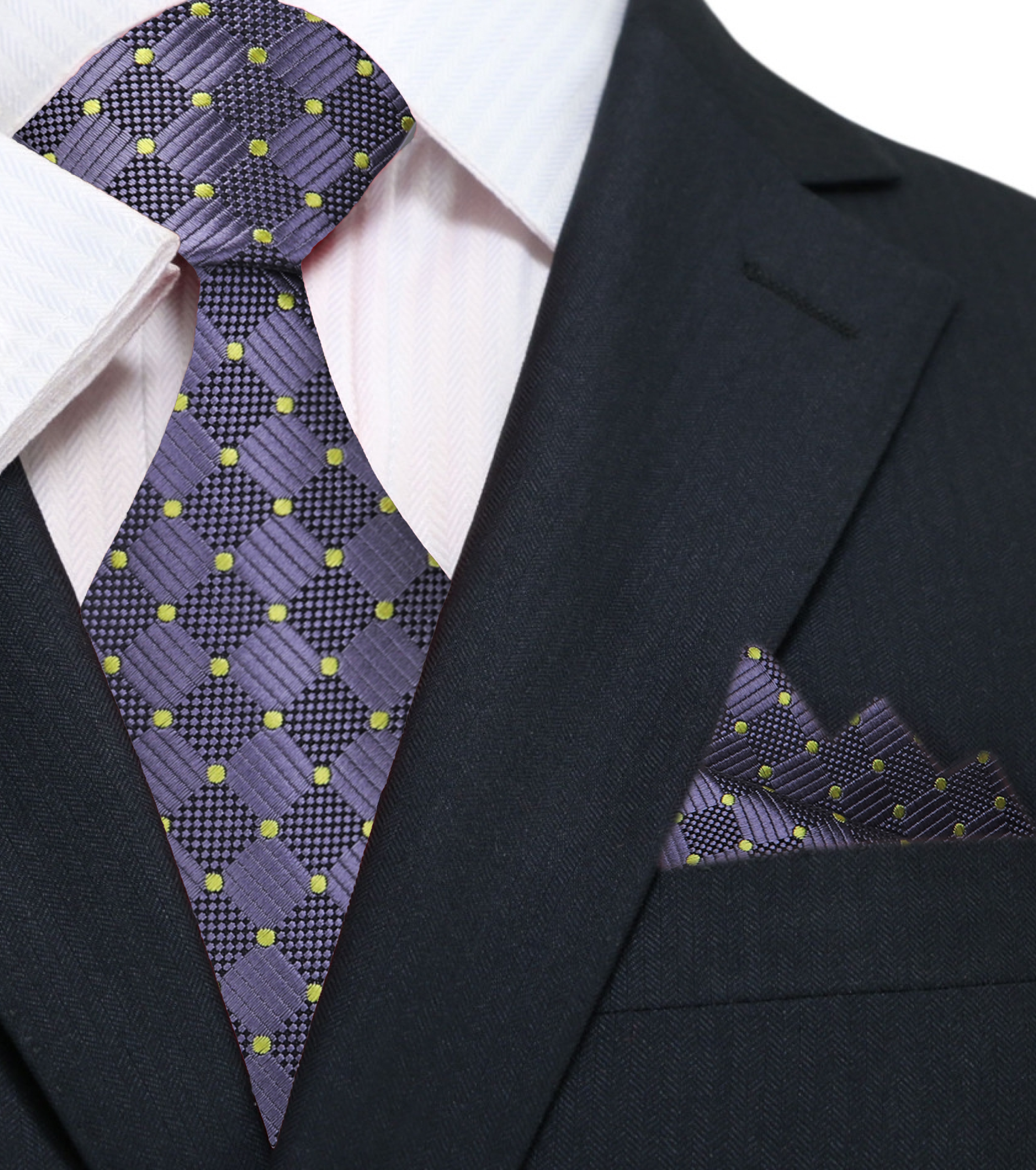 Man wearing the geometric tie and matching pocket square at a wedding