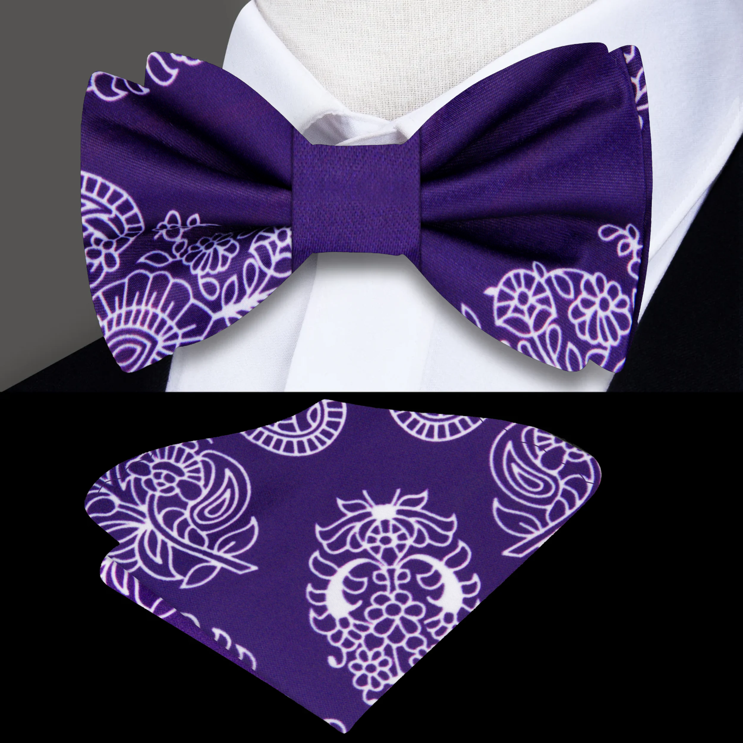 Close-up of detailed paisley pattern silk bow tie in red and white