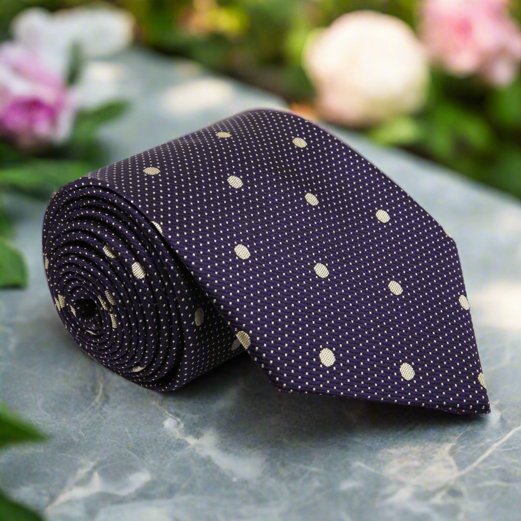 Elegant blackened purple silk necktie with pale gold polka dots, displayed on a white background.