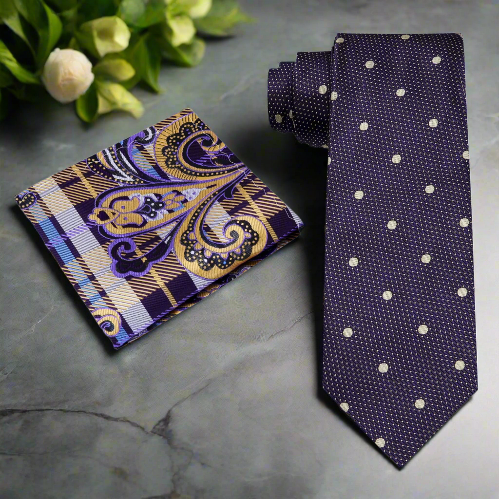 Model wearing the blackened purple silk necktie at a formal event, paired with a classic black suit.