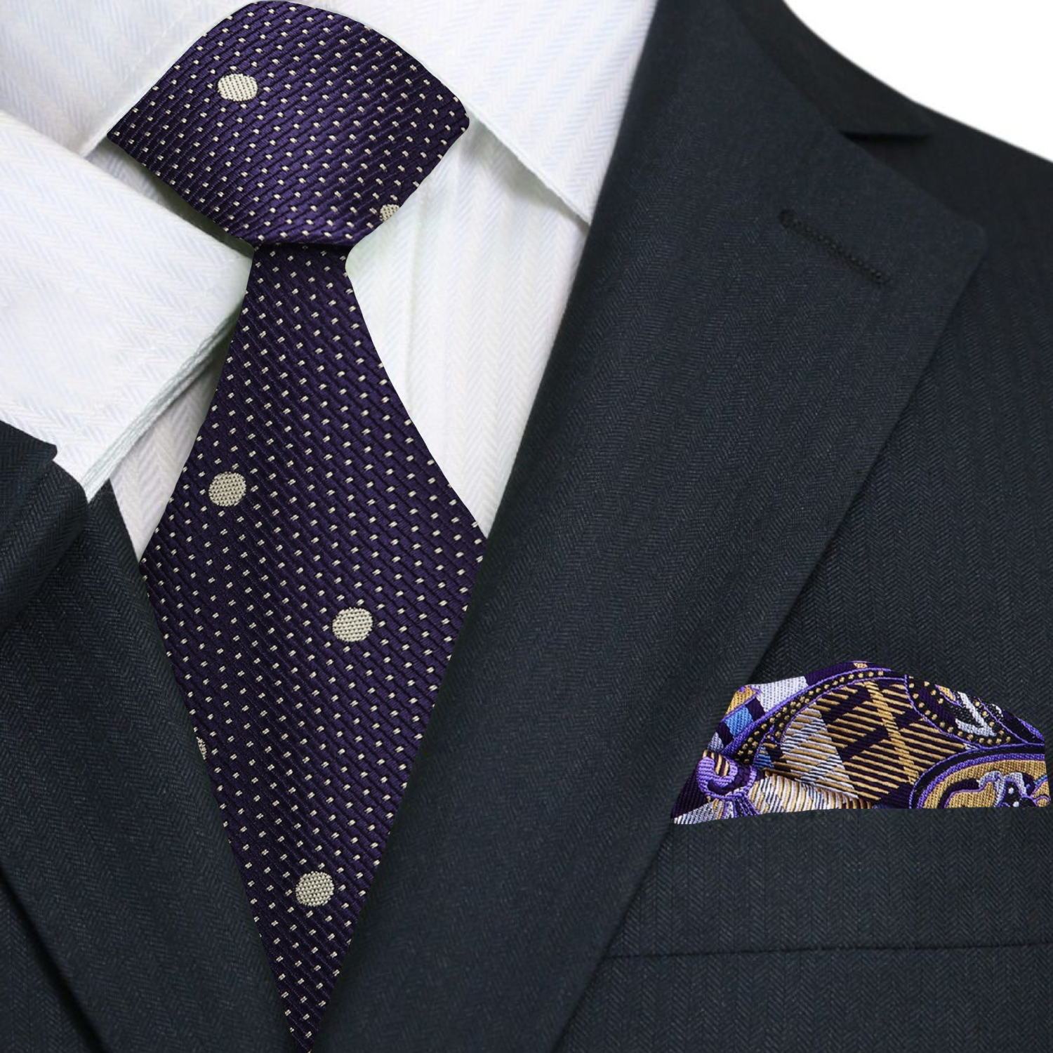 Close-up view of the luxurious fabric of the blackened purple silk necktie showcasing its gold polka dots.