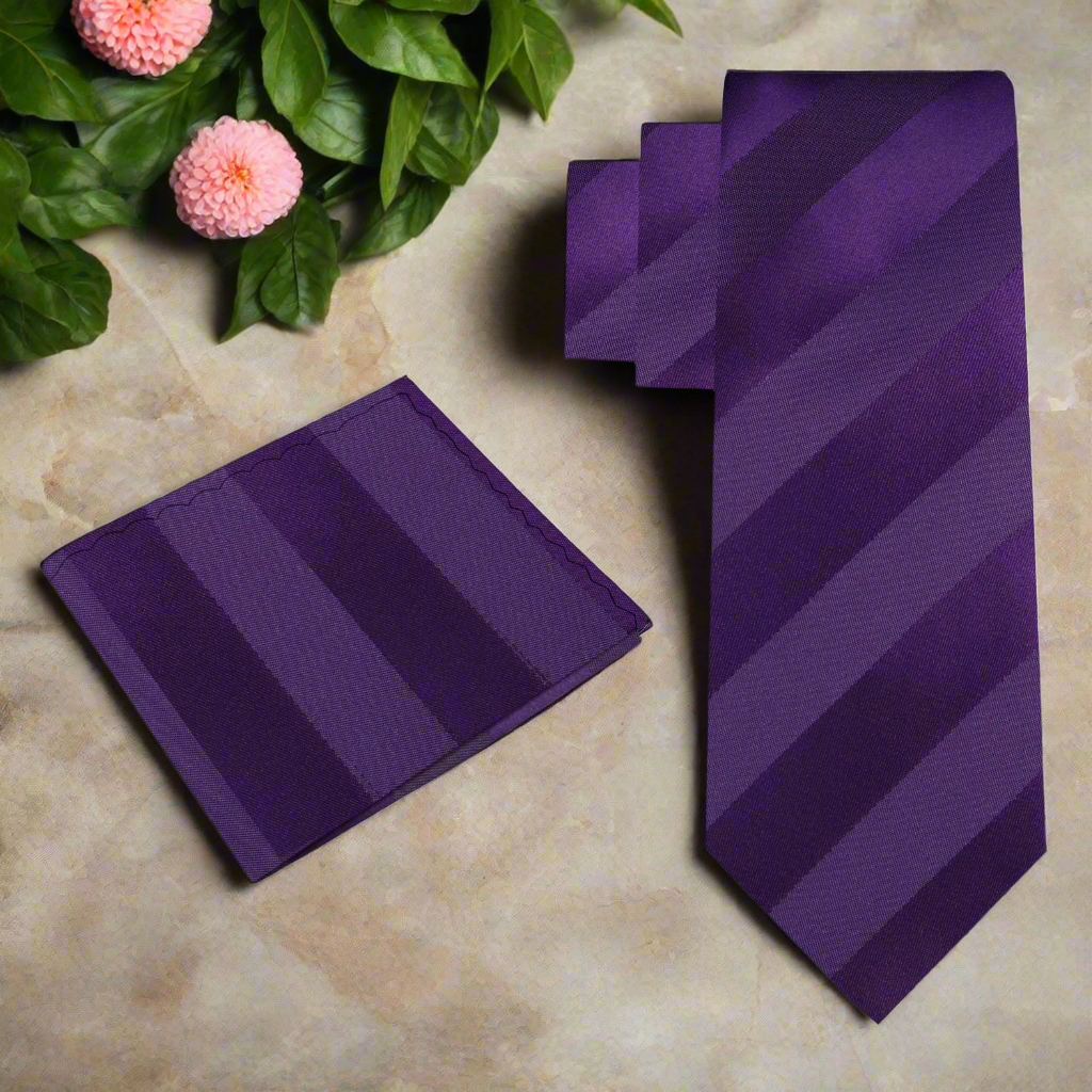 Close-up of Sterndale stripe necktie showcasing the purple silk fabric and stripe pattern, perfect for weddings.