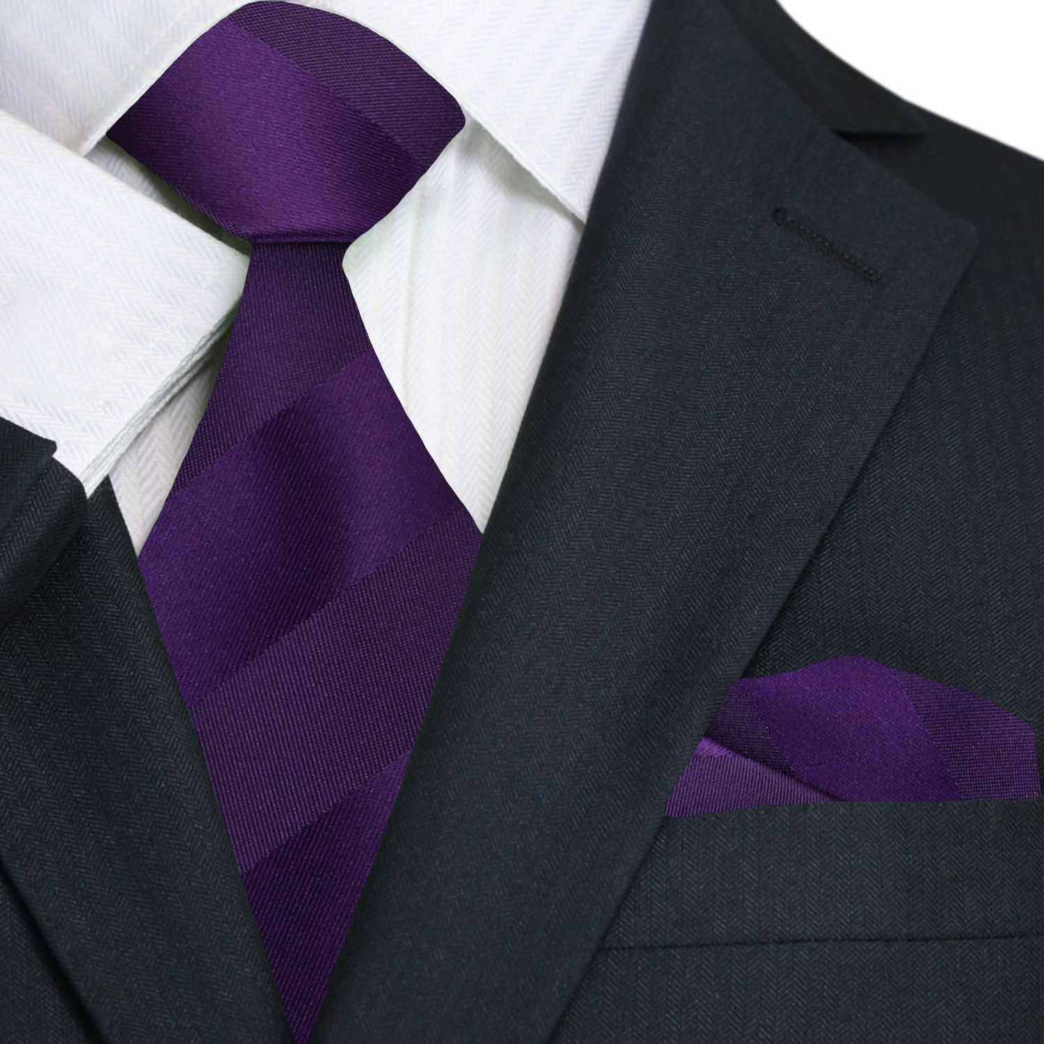 Man wearing purple silk tie with stripe pattern paired with a navy suit for a business meeting.