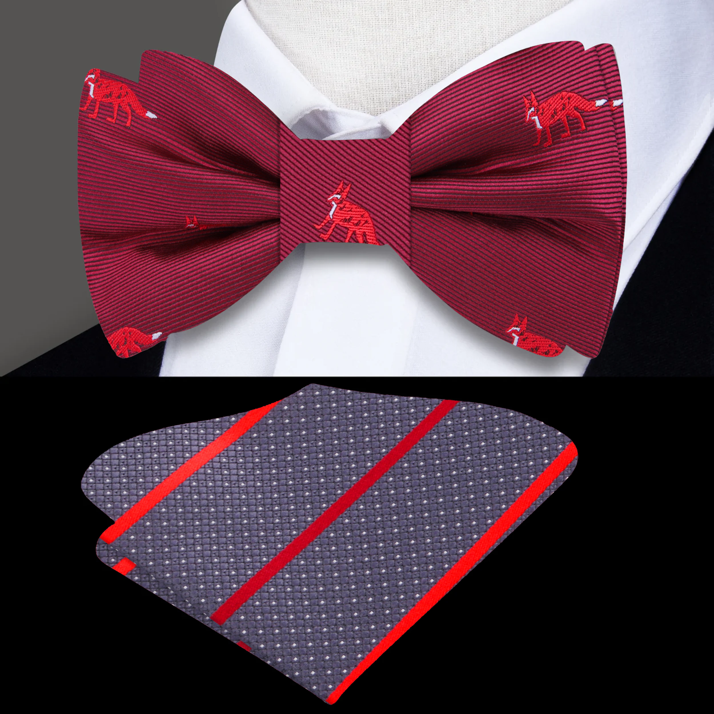 Man wearing a silk bow tie with fox pattern, styled with a navy suit