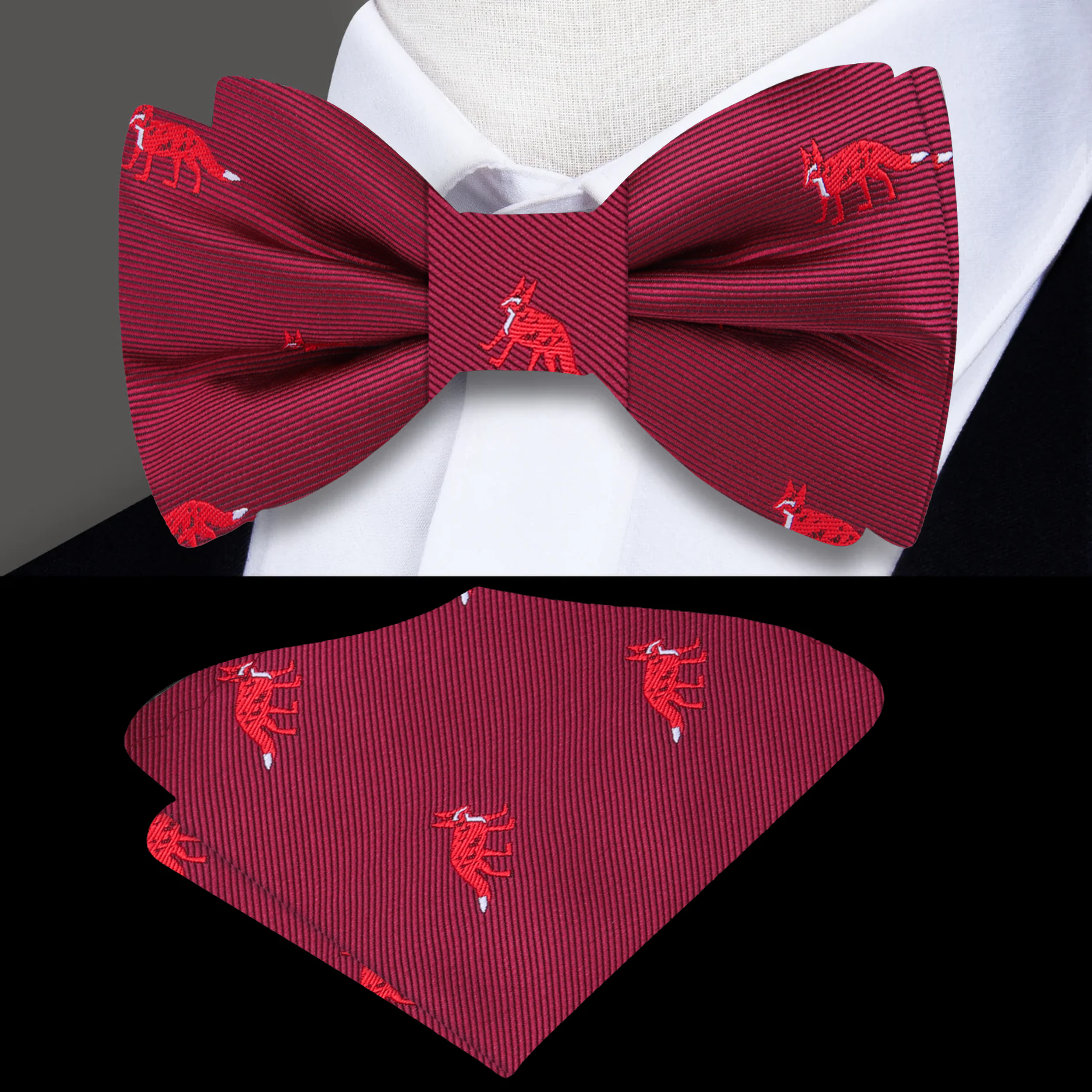 Close-up of dark red silk bow tie with fox pattern, ideal for formal events
