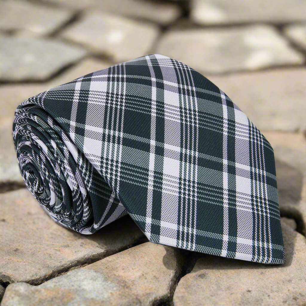 Dark green plaid silk necktie with matching pocket square for weddings and formal events.