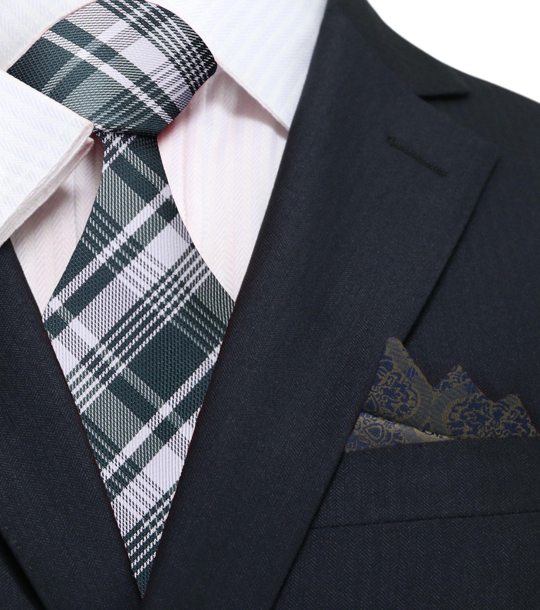 Close-up of the luxury silk necktie showcasing its plaid pattern and elegant colors.
