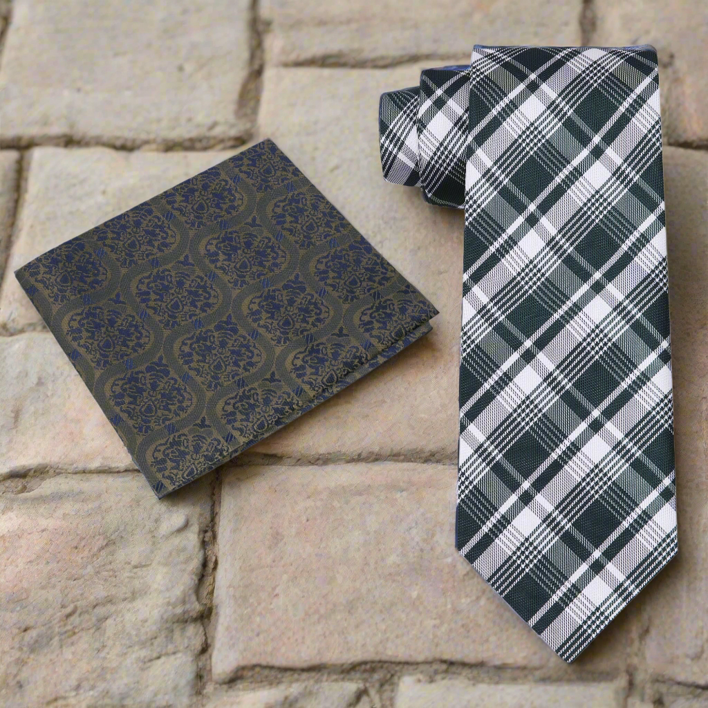 Stylish ensemble featuring the green plaid tie paired with a light grey dress shirt.