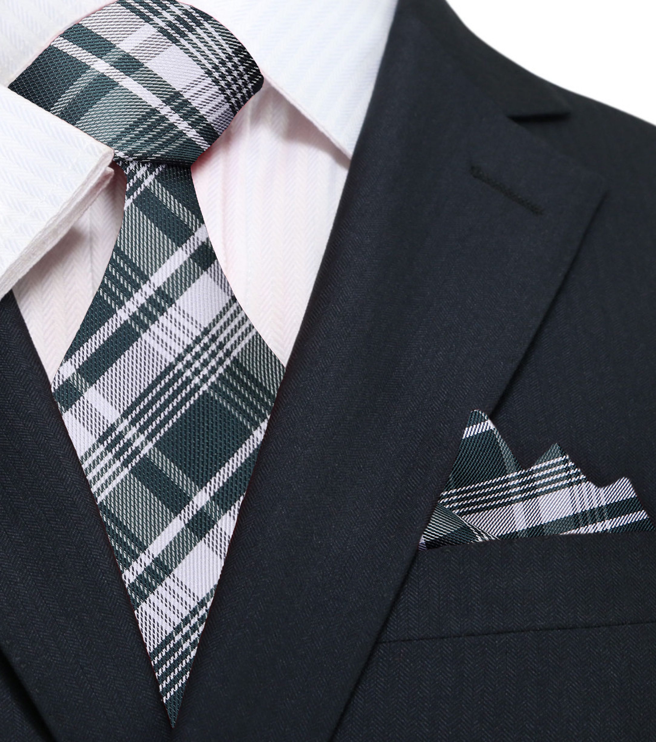 Dark green plaid silk necktie with matching pocket square for weddings and formal events.