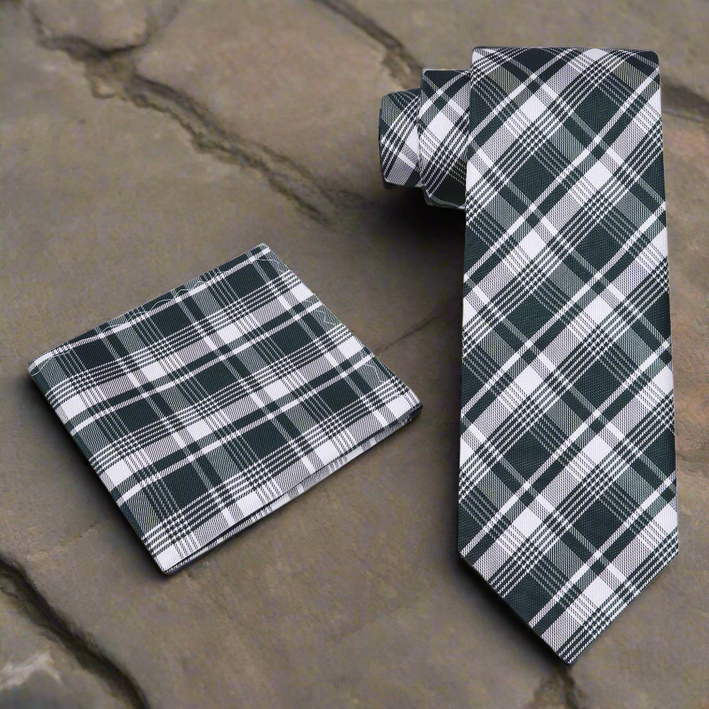Close-up of the luxury silk necktie showcasing its plaid pattern and elegant colors.