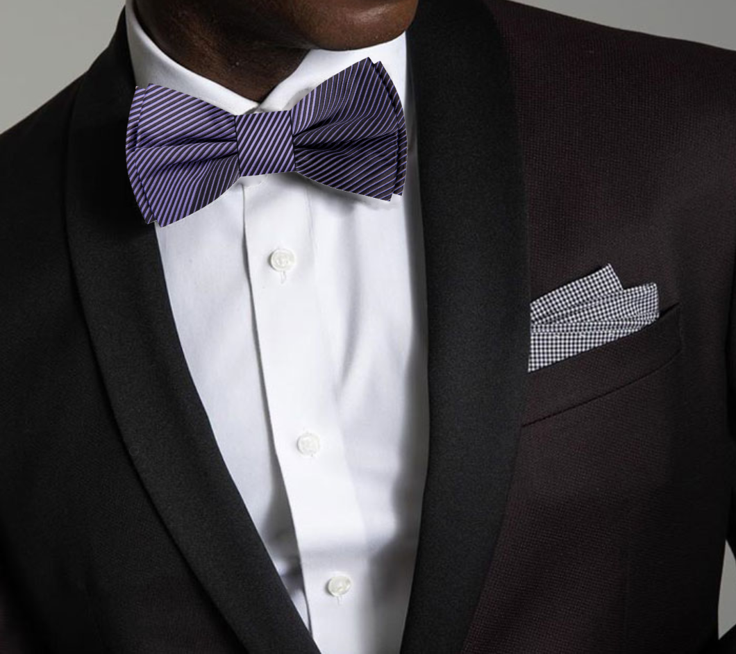 Styled with a white dress shirt, black and purple bow tie for wedding attire