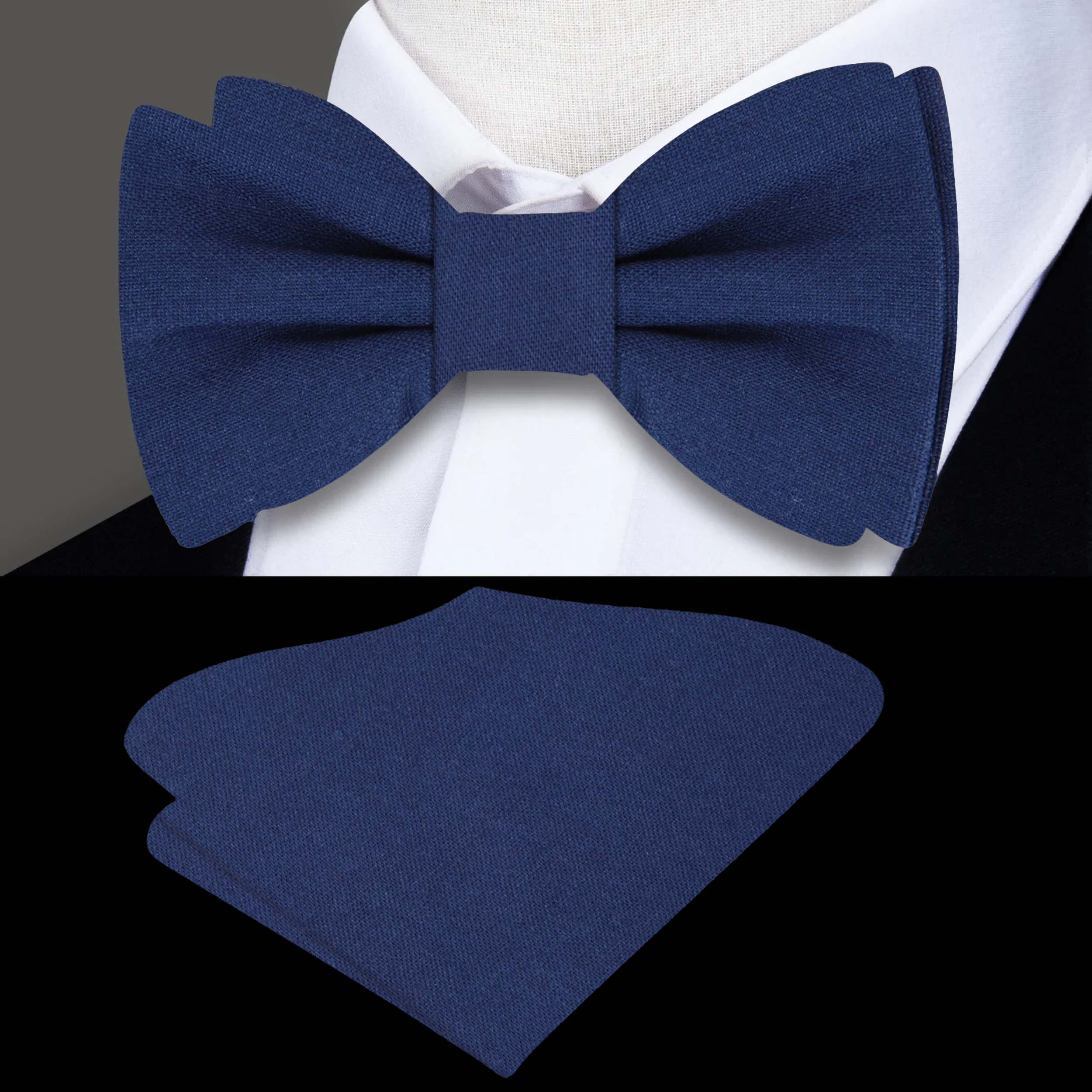 Close-up of a light blue linen bow tie with matching pocket square, perfect for weddings