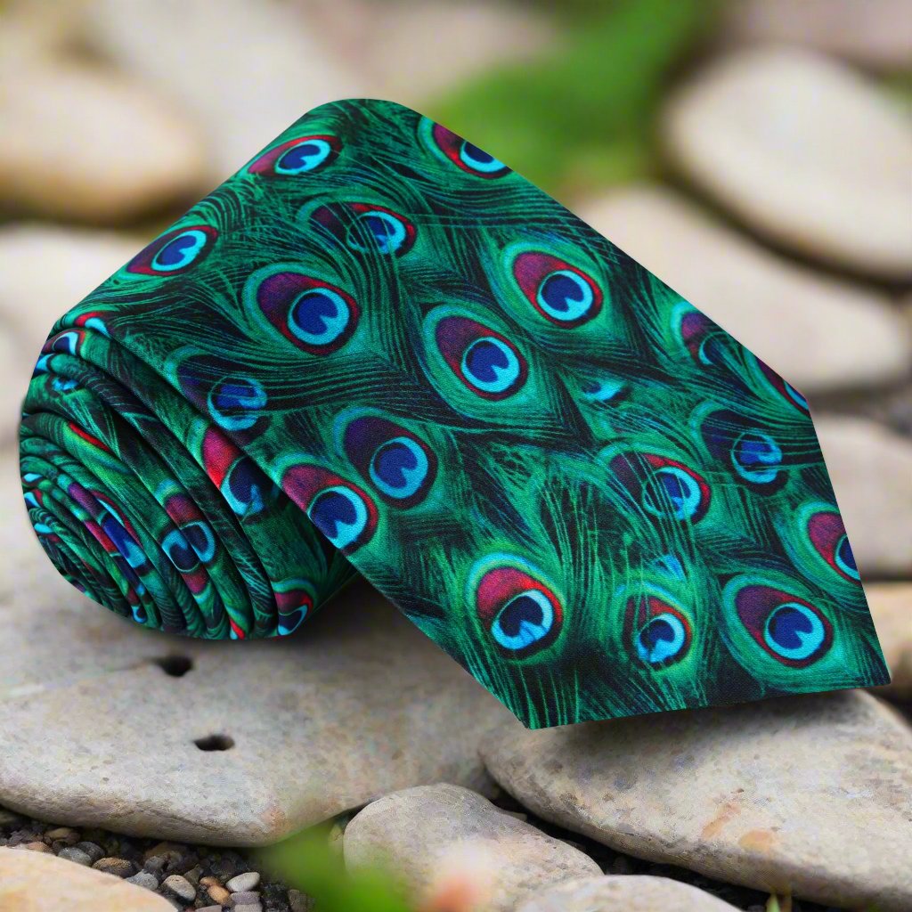 Stunning peacock feather silk tie displayed against a white dress shirt.