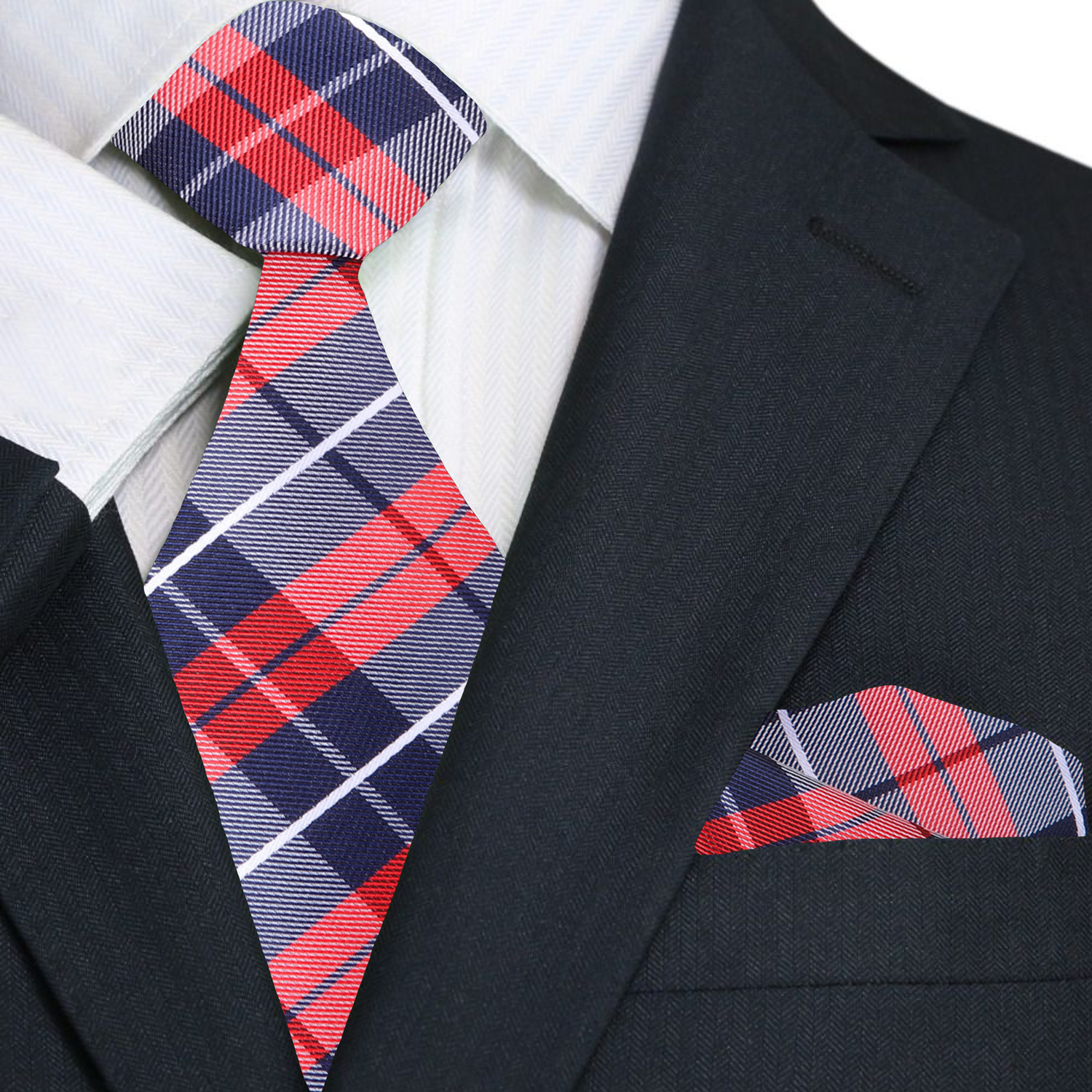 A stylish necktie displayed with a navy blue suit, demonstrating its versatility for formal events.