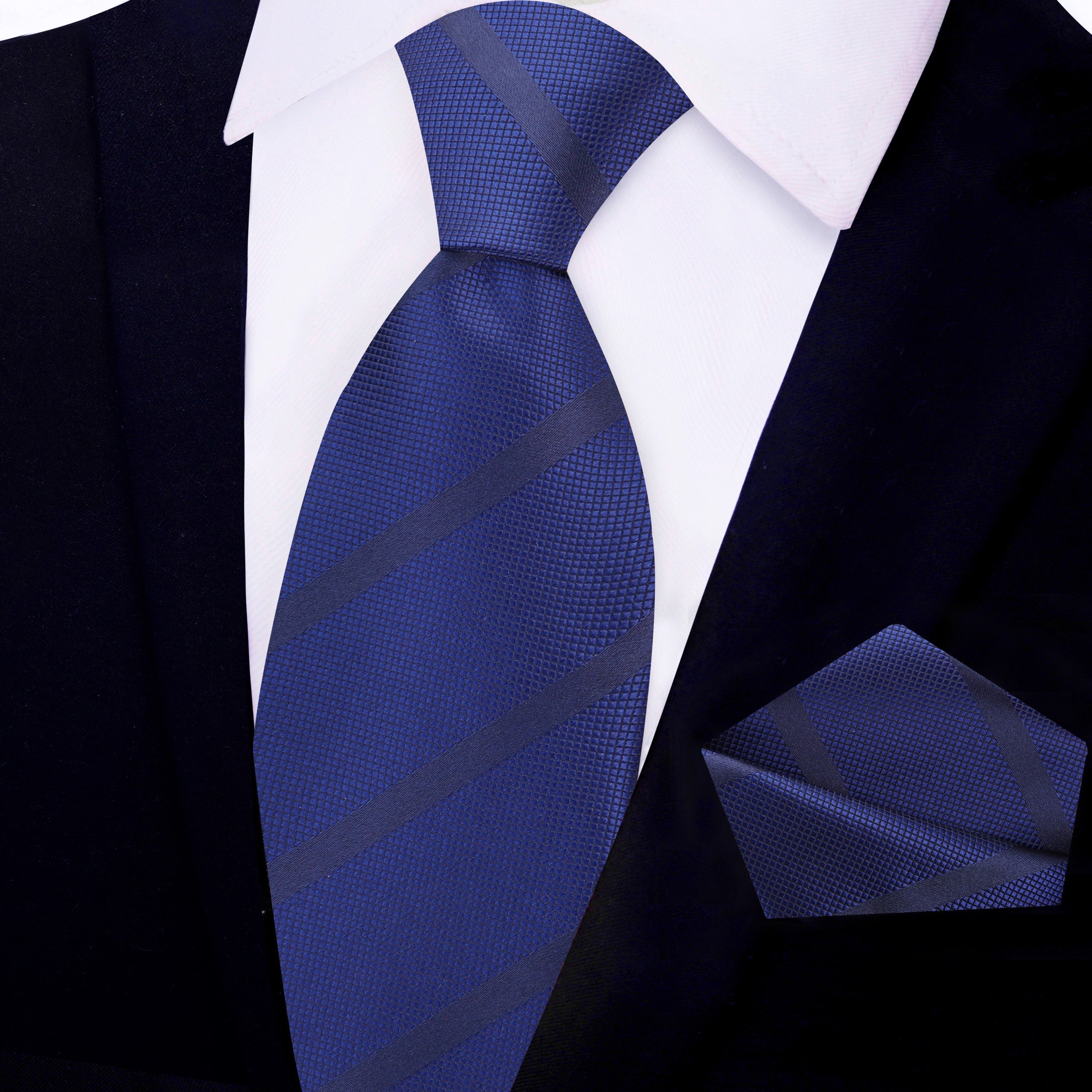 Close-up of a silk tie with white stripes, showcasing the luxurious fabric and pattern details