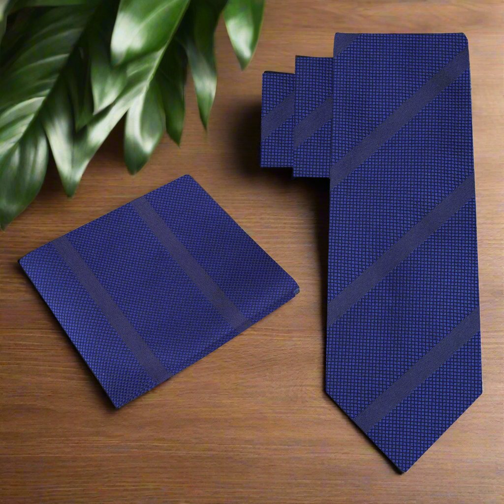 Close-up of a silk tie with white stripes, showcasing the luxurious fabric and pattern details