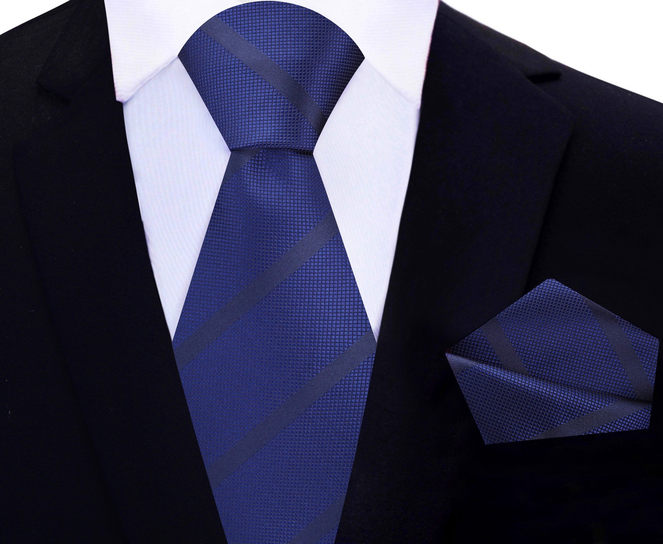 Man wearing a deep navy silk necktie with a white dress shirt at a wedding reception