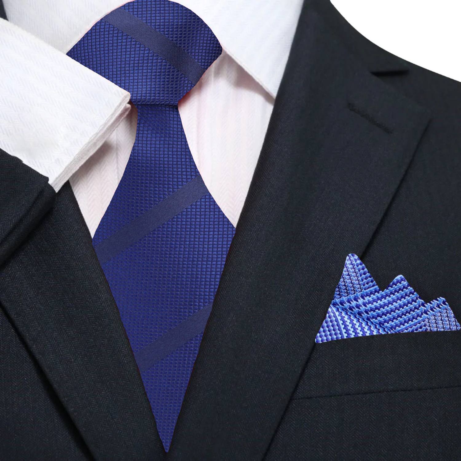 Close-up of a silk tie with white stripes, showcasing the luxurious fabric and pattern details
