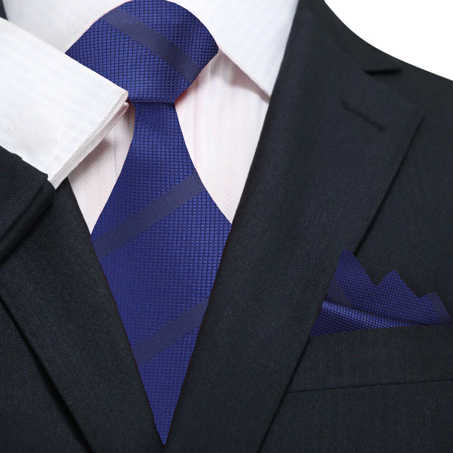 Deep navy blue stripe silk necktie hanging on a wooden hanger, ideal for weddings and formal events