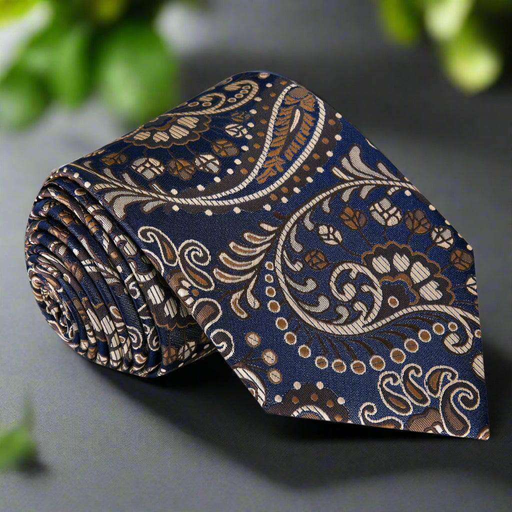 Man wearing a paisley tie with a navy suit during a business meeting