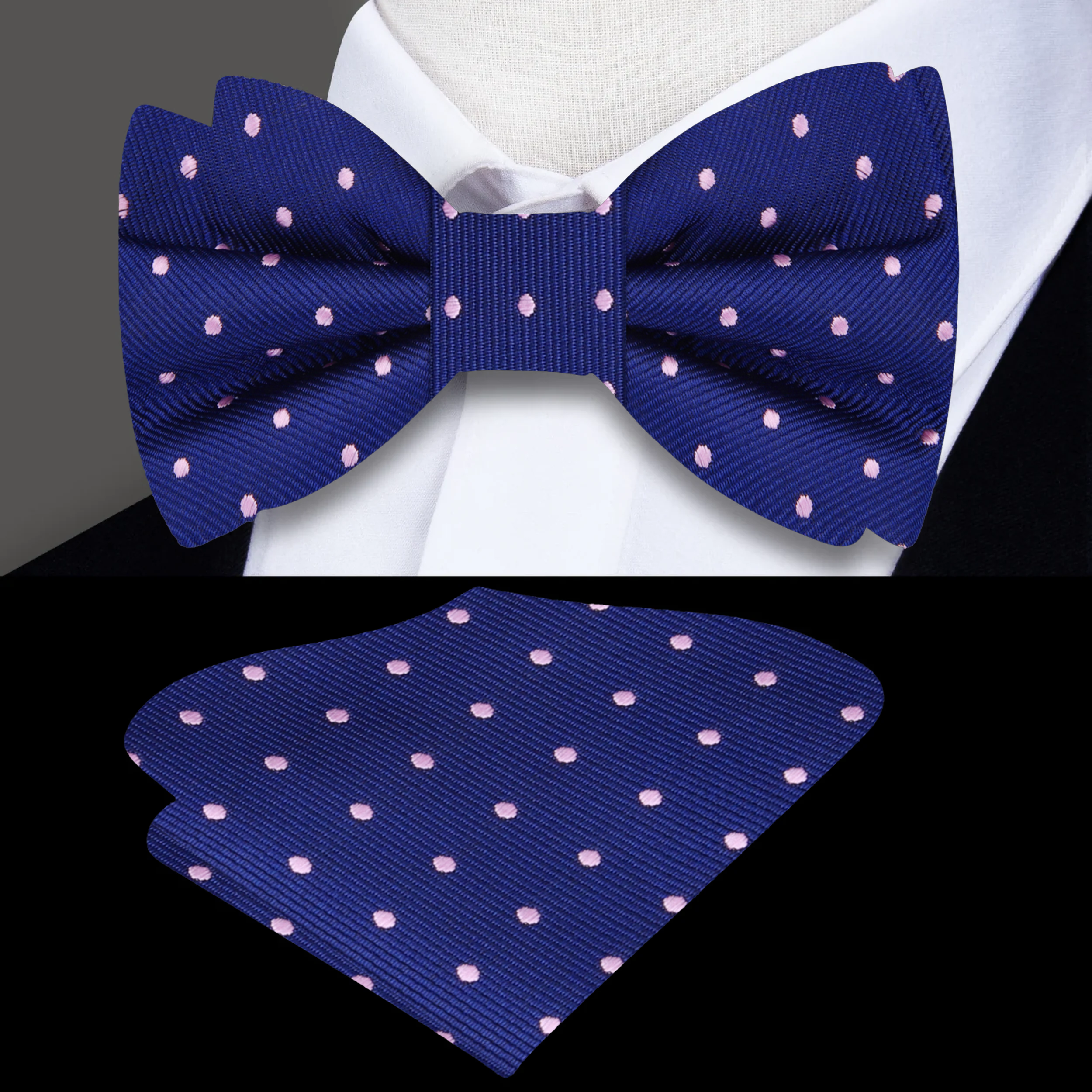 Man wearing a stylish polka dot bow tie with a white dress shirt