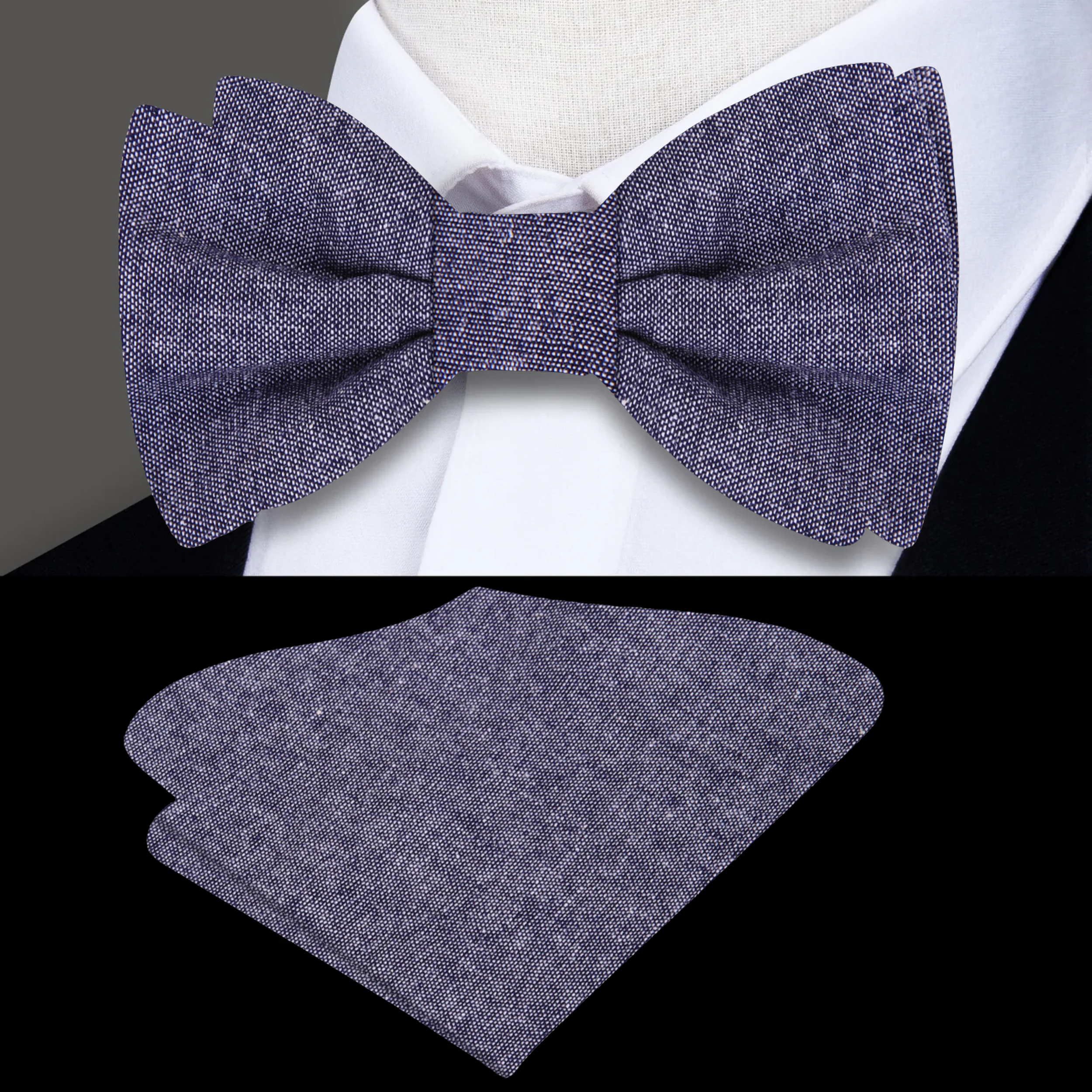 Close-up of a light blue linen bow tie with matching pocket square, perfect for weddings