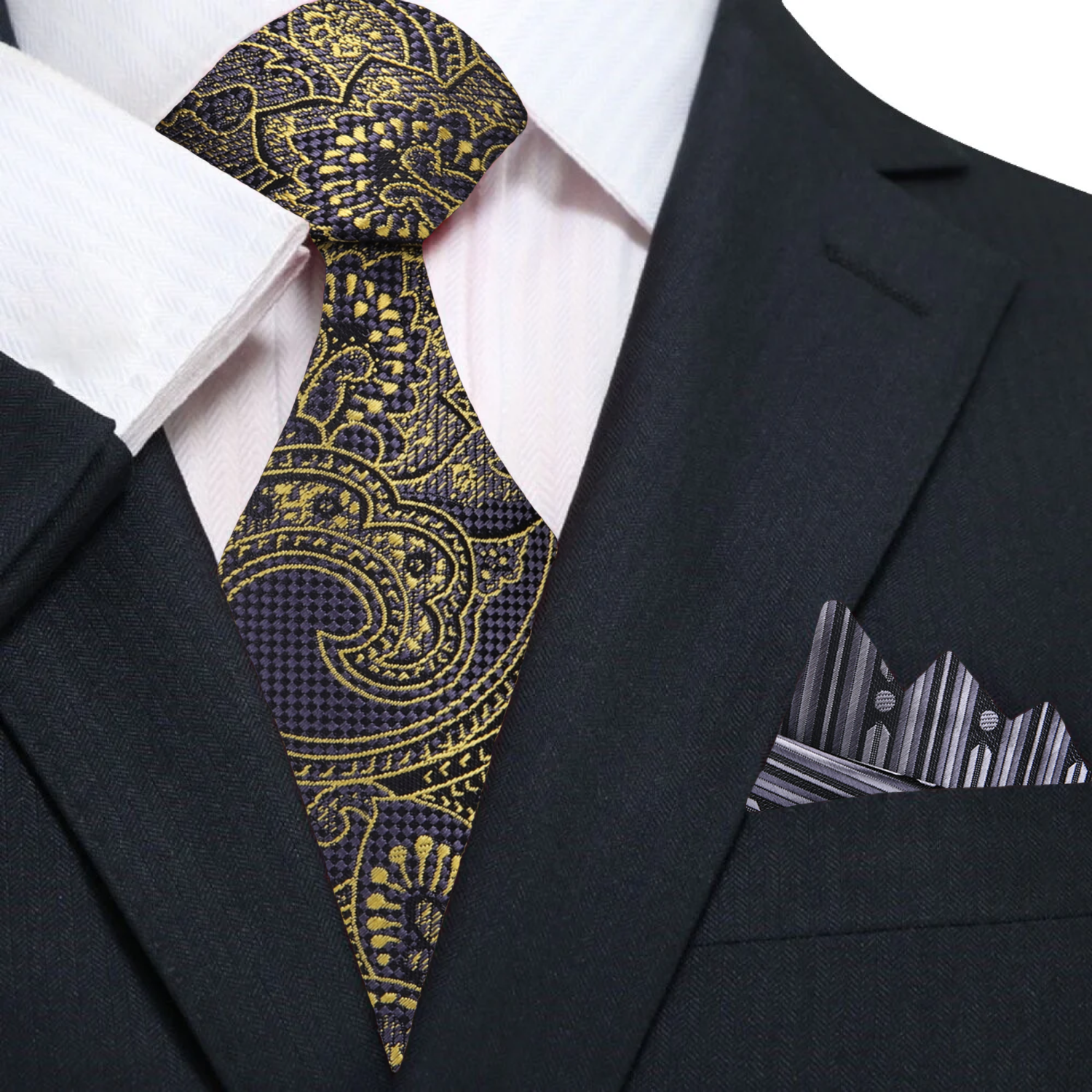 Man wearing a vintage style silk necktie with gold accents for formal occasion