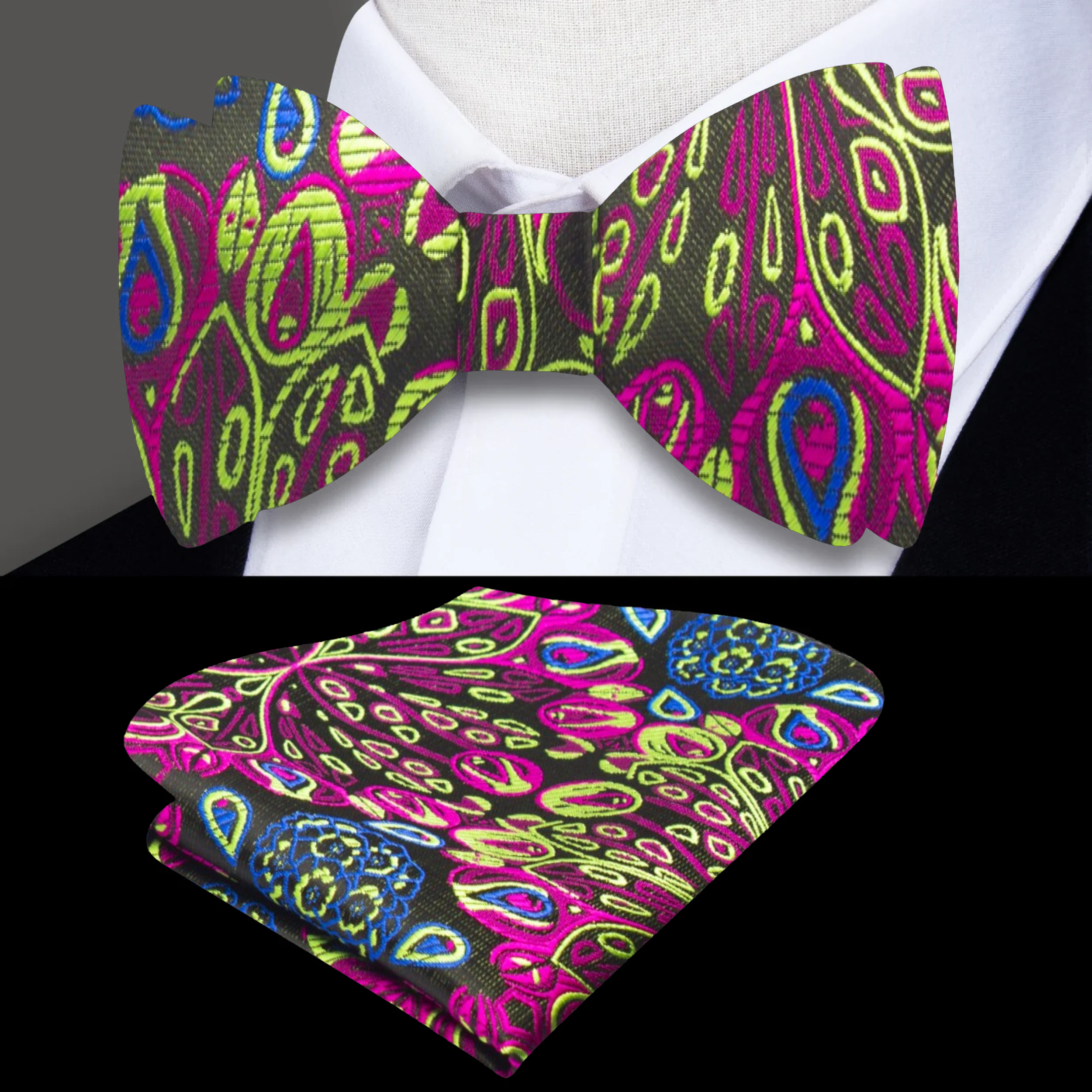 Close-up of the intricate peacock feather design on the silk bow tie.