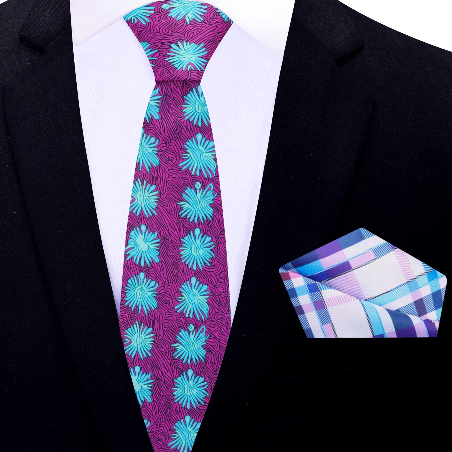 Close-up of Synapse abstract silk necktie in pink and blue with detailed pattern