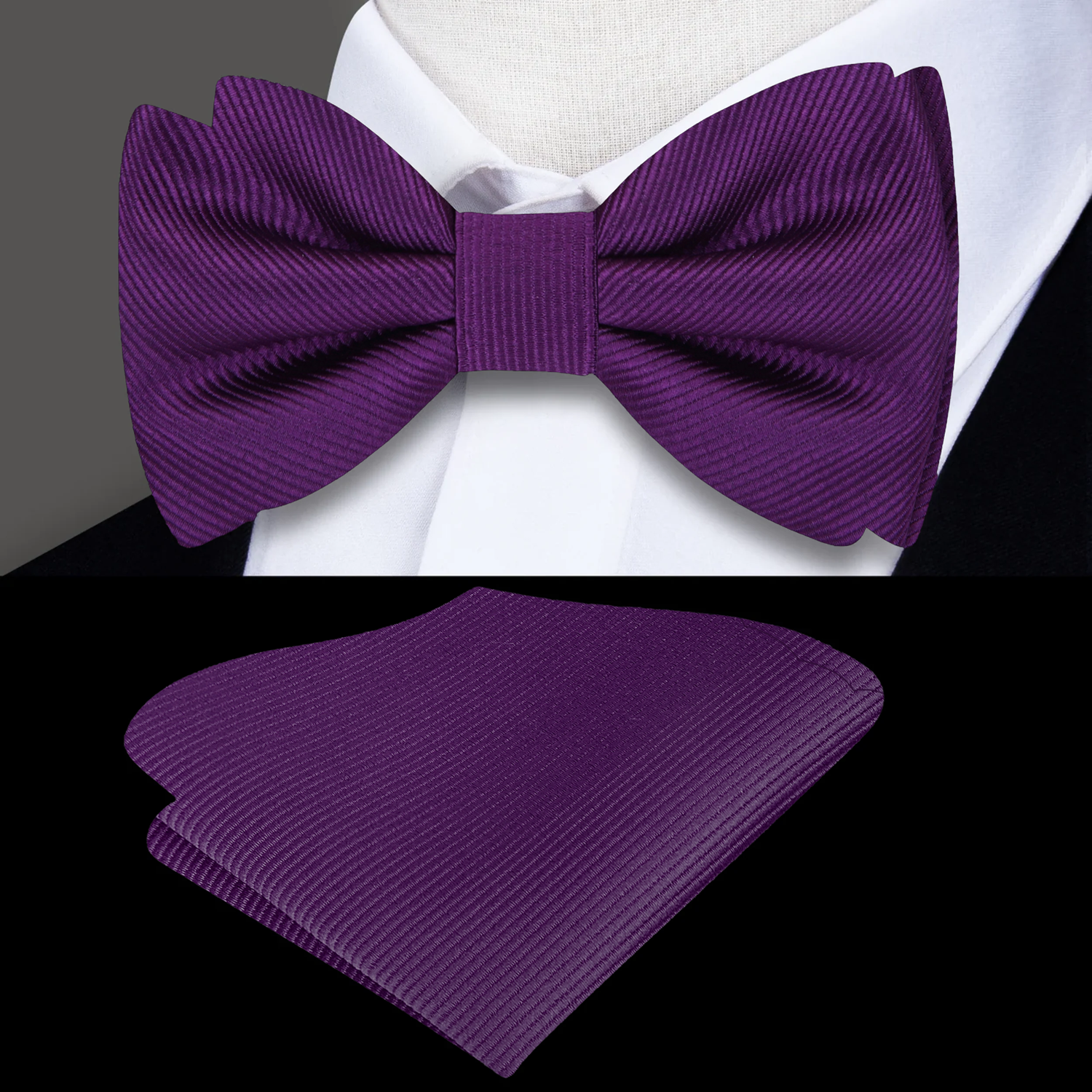 Close-up of a silk purple bow tie, showcasing its smooth fabric and refined craftsmanship.