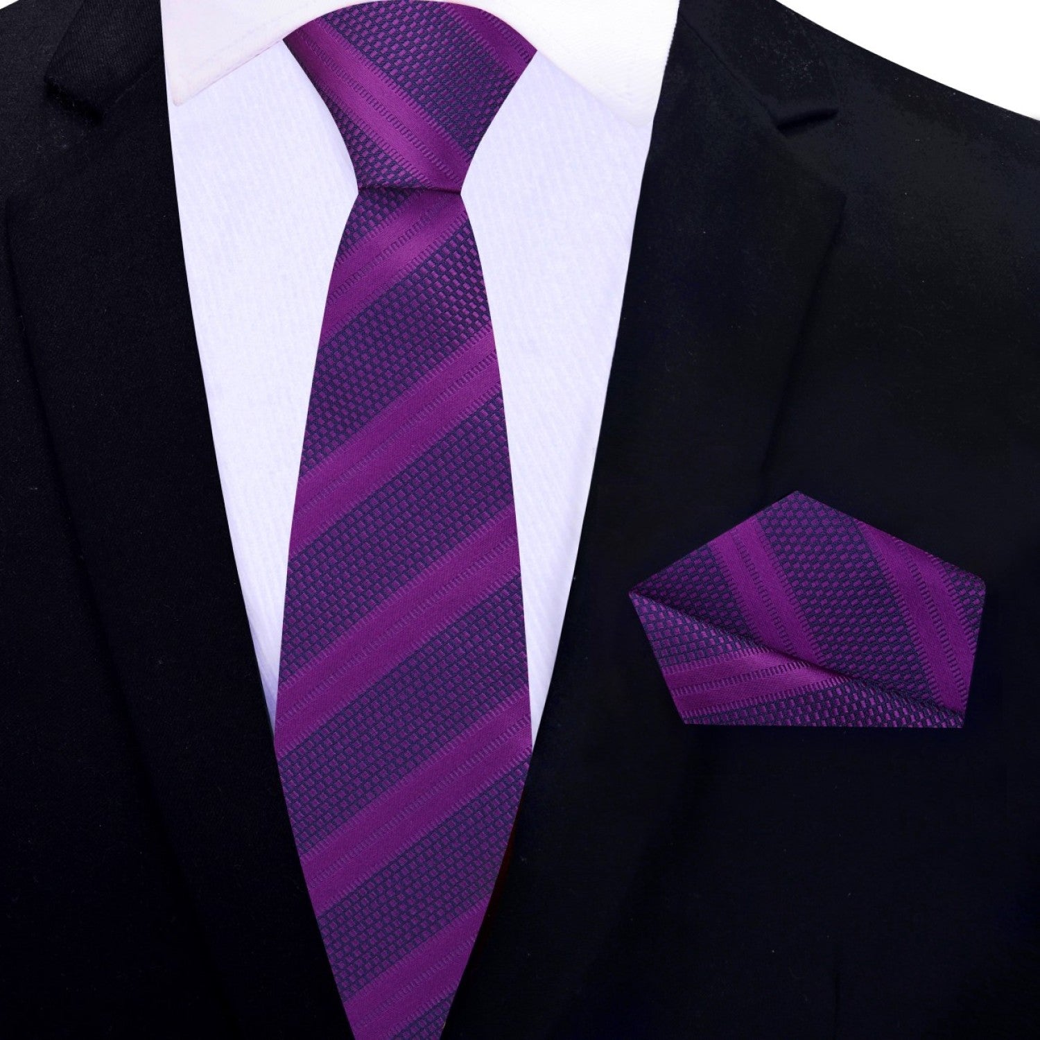 Close-up of the dark purple necktie showcasing its unique stripe and small check texture.