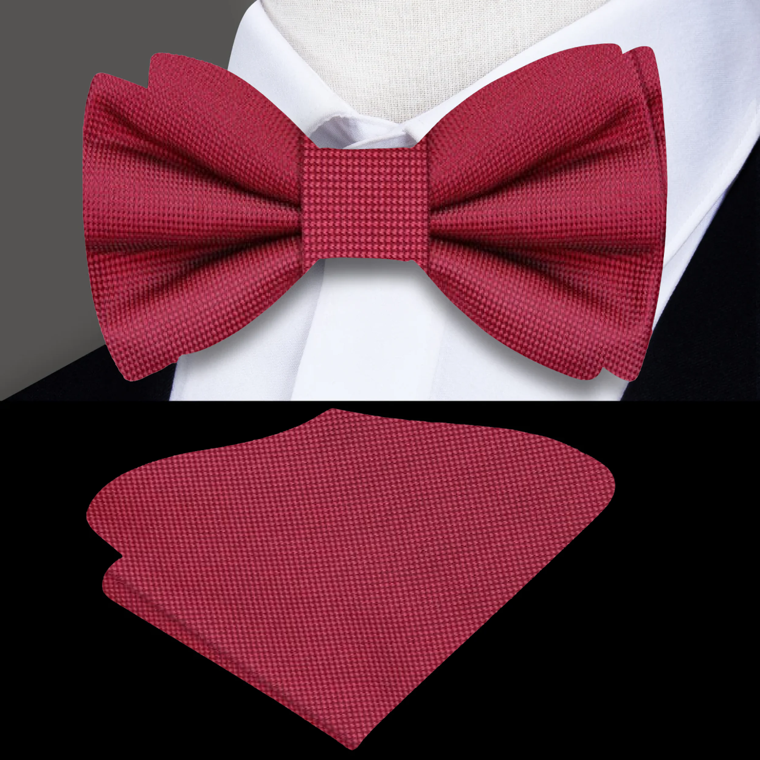Matching pocket square with a navy blue bow tie, ideal for business meetings.