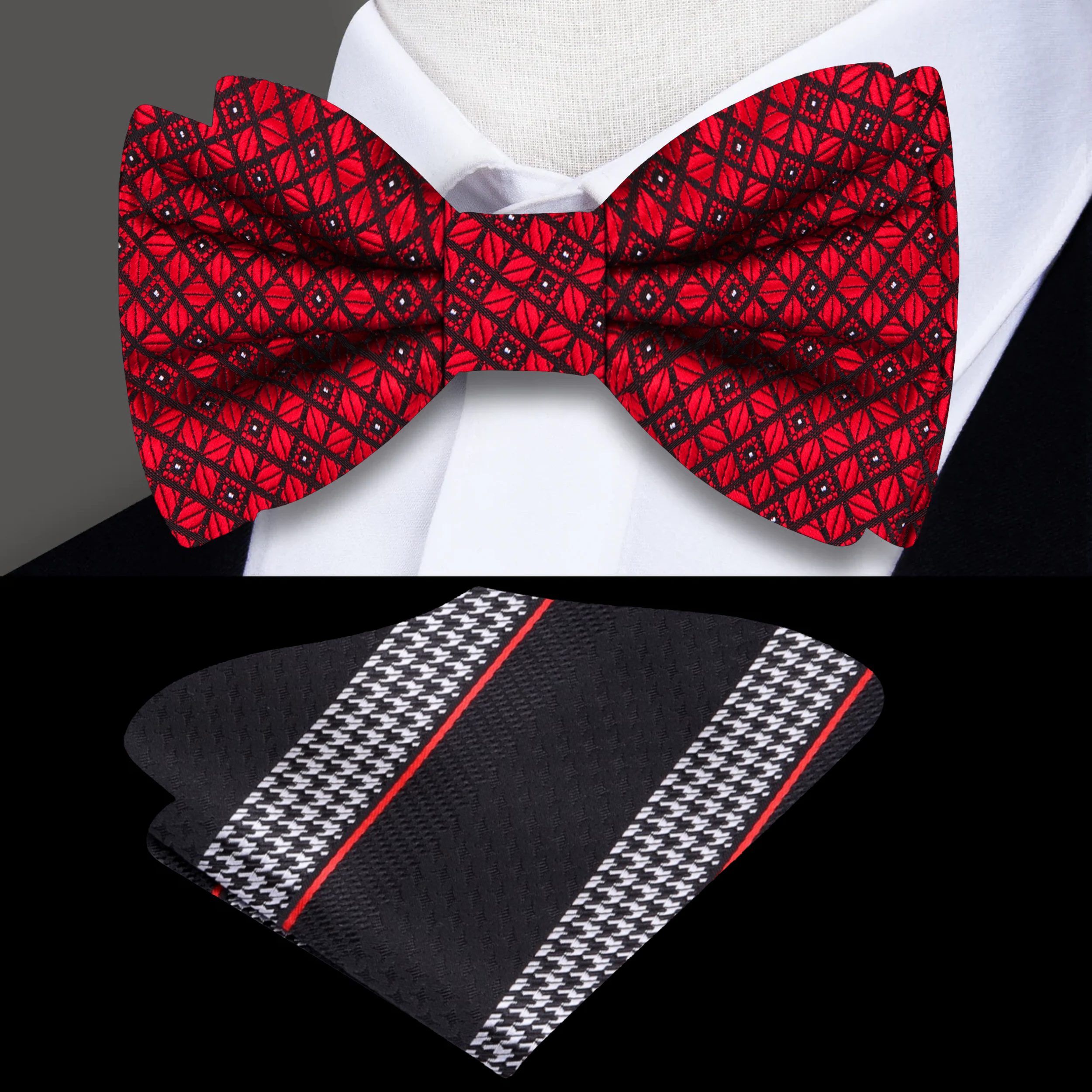 Front view of merlot geometric self-tie bow tie on a mannequin, highlighting the checkered pattern