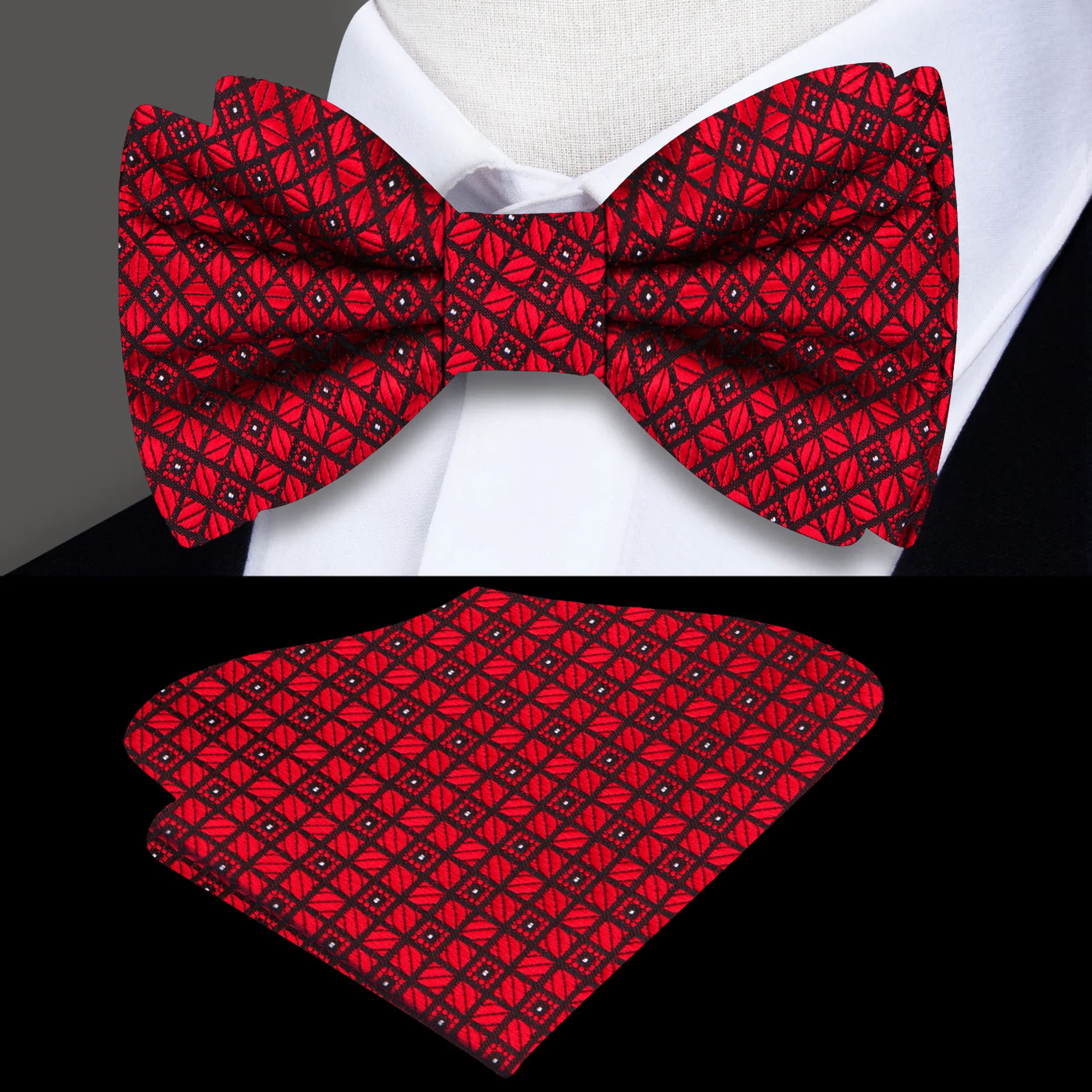 Model wearing a checkered bow tie with a navy suit, perfect for formal events