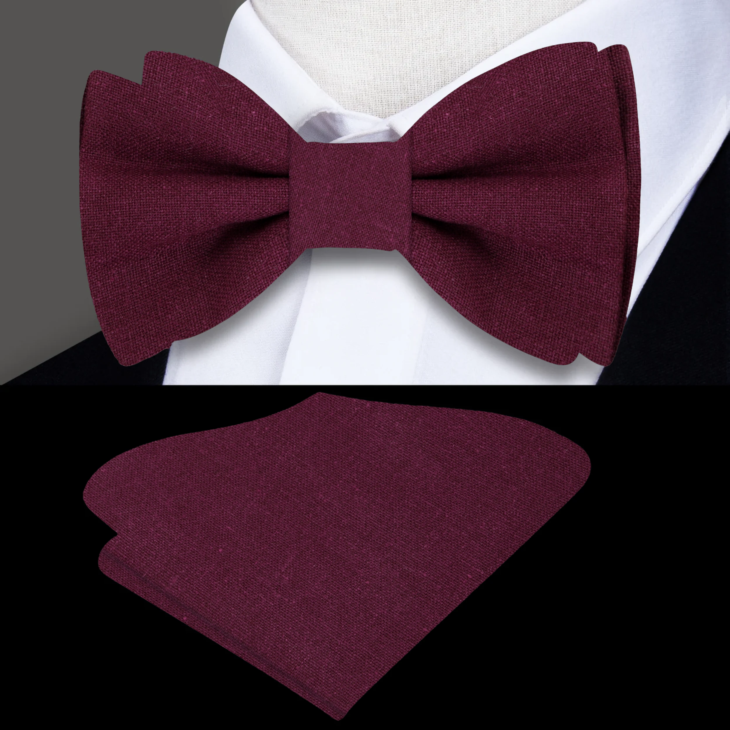 Close-up of a light blue linen bow tie with matching pocket square, perfect for weddings