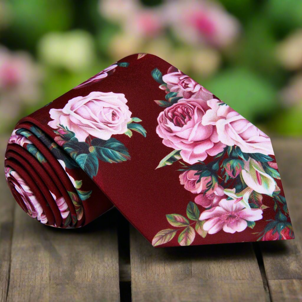 Close-up of the romantic rose floral necktie showcasing its intricate pattern and colors.