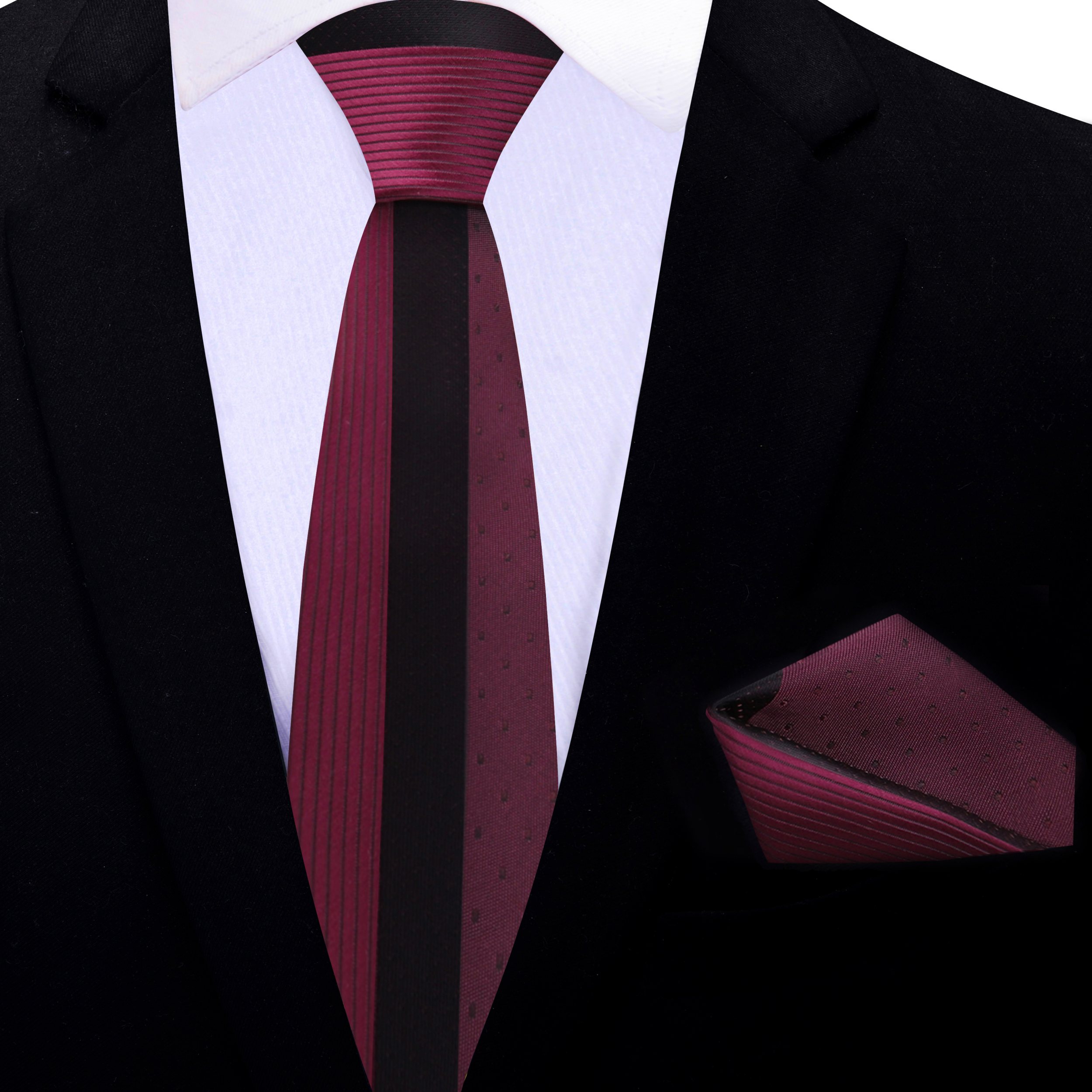 Close-up of the silk tie fabric highlighting the deep burgundy color and black center stripe