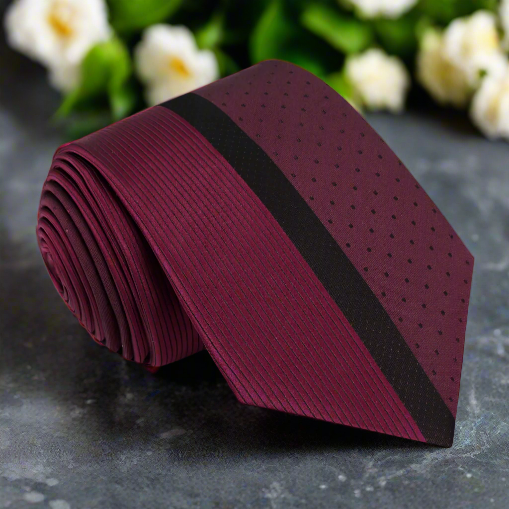 Elegant burgundy and black silk necktie with sharp contrast design for formal occasions