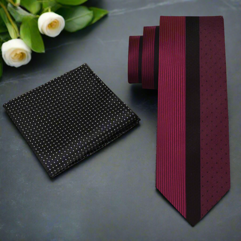 Elegant burgundy and black silk necktie with sharp contrast design for formal occasions