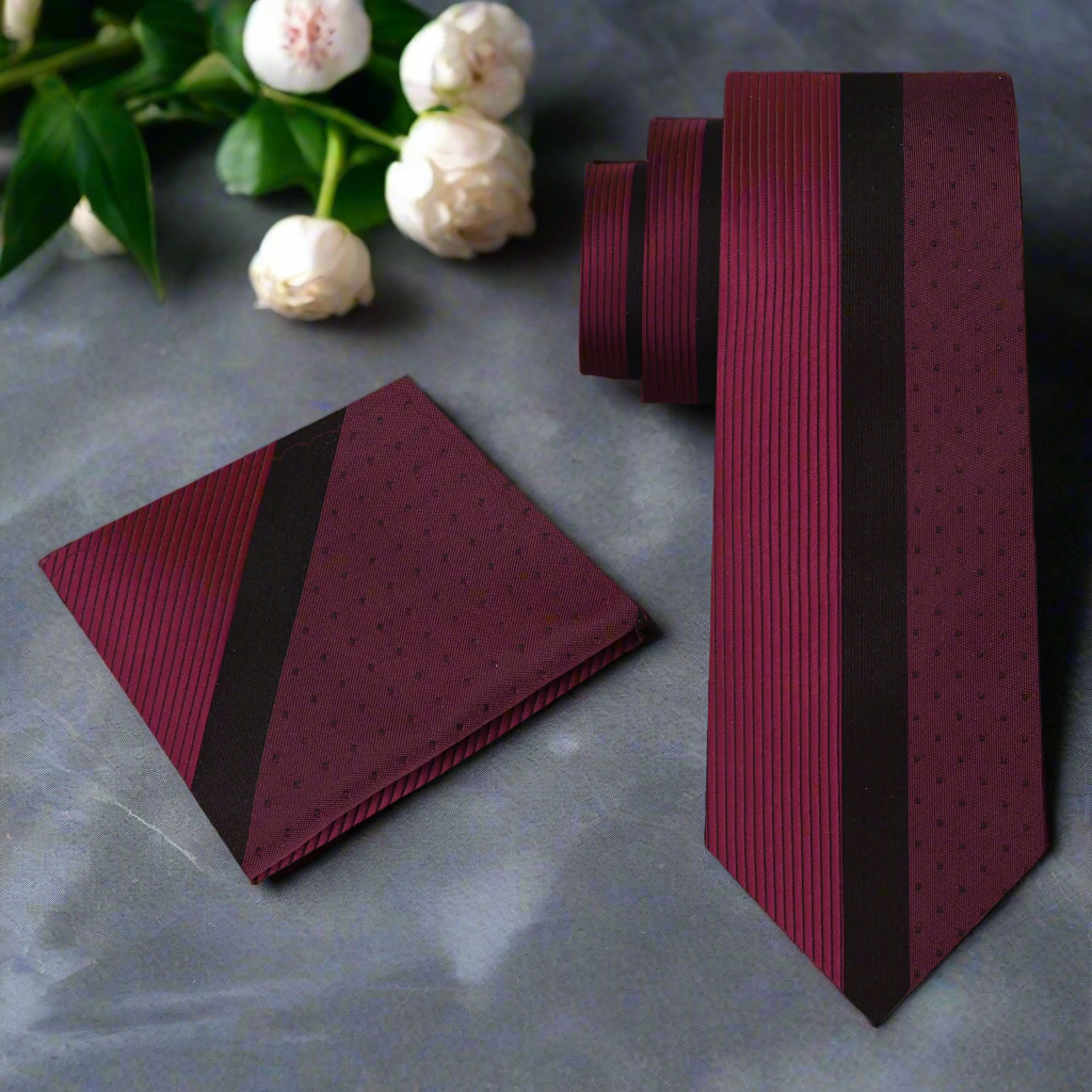 Elegant burgundy and black silk necktie with sharp contrast design for formal occasions