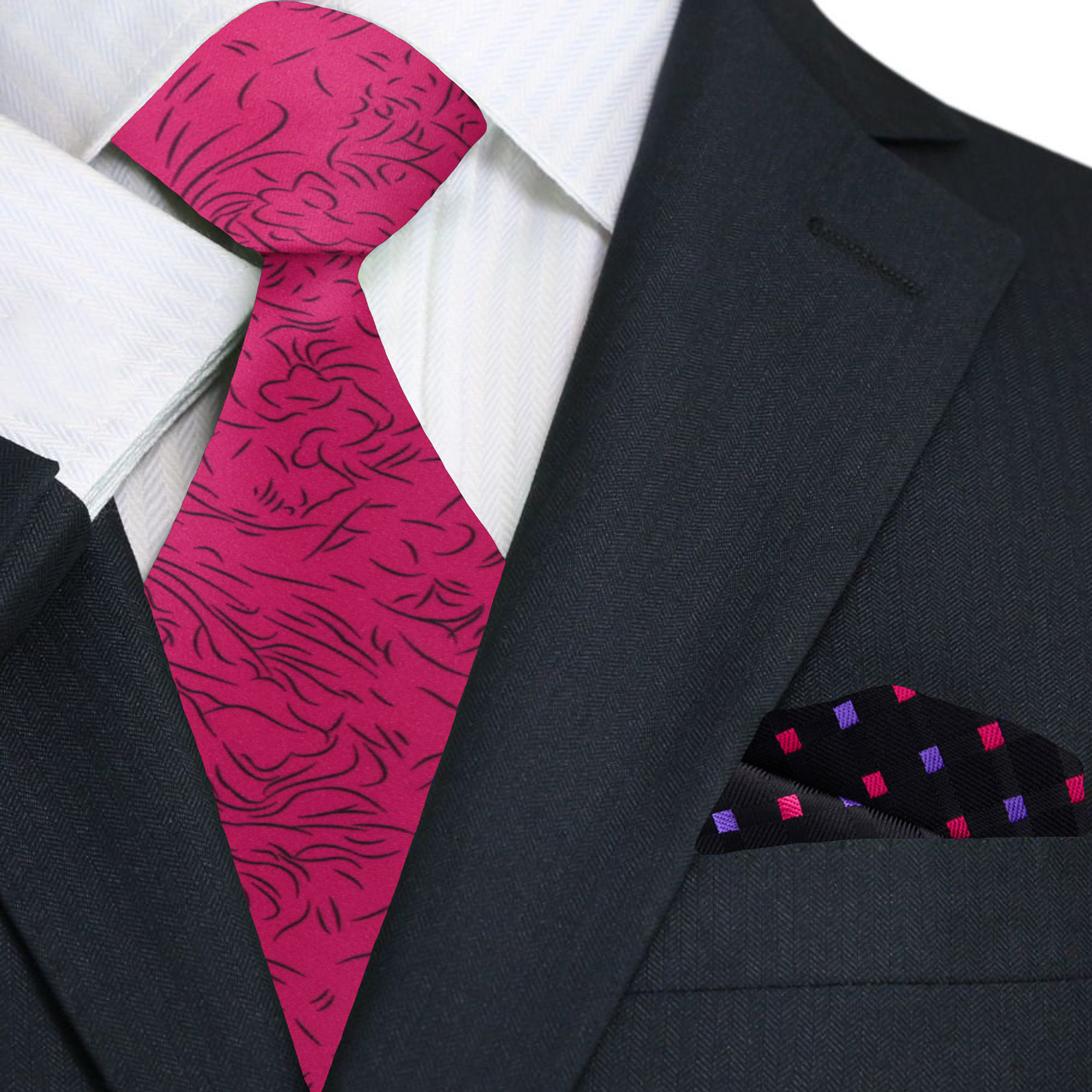 Close-up view of the rose abstract silk necktie, highlighting the detailed design and rich color suitable for weddings.