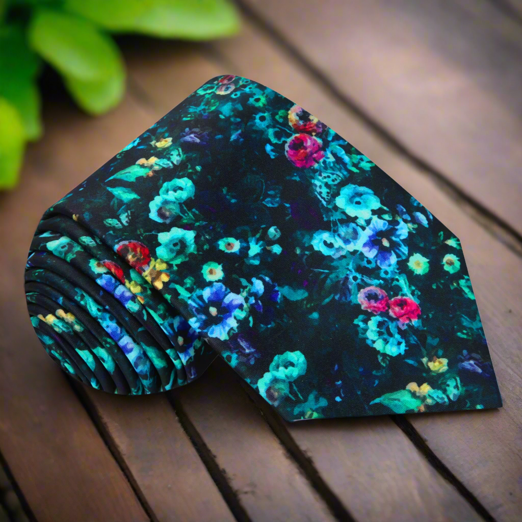 Front view of Floral Symphony Silk Necktie displaying vibrant colors and floral design.