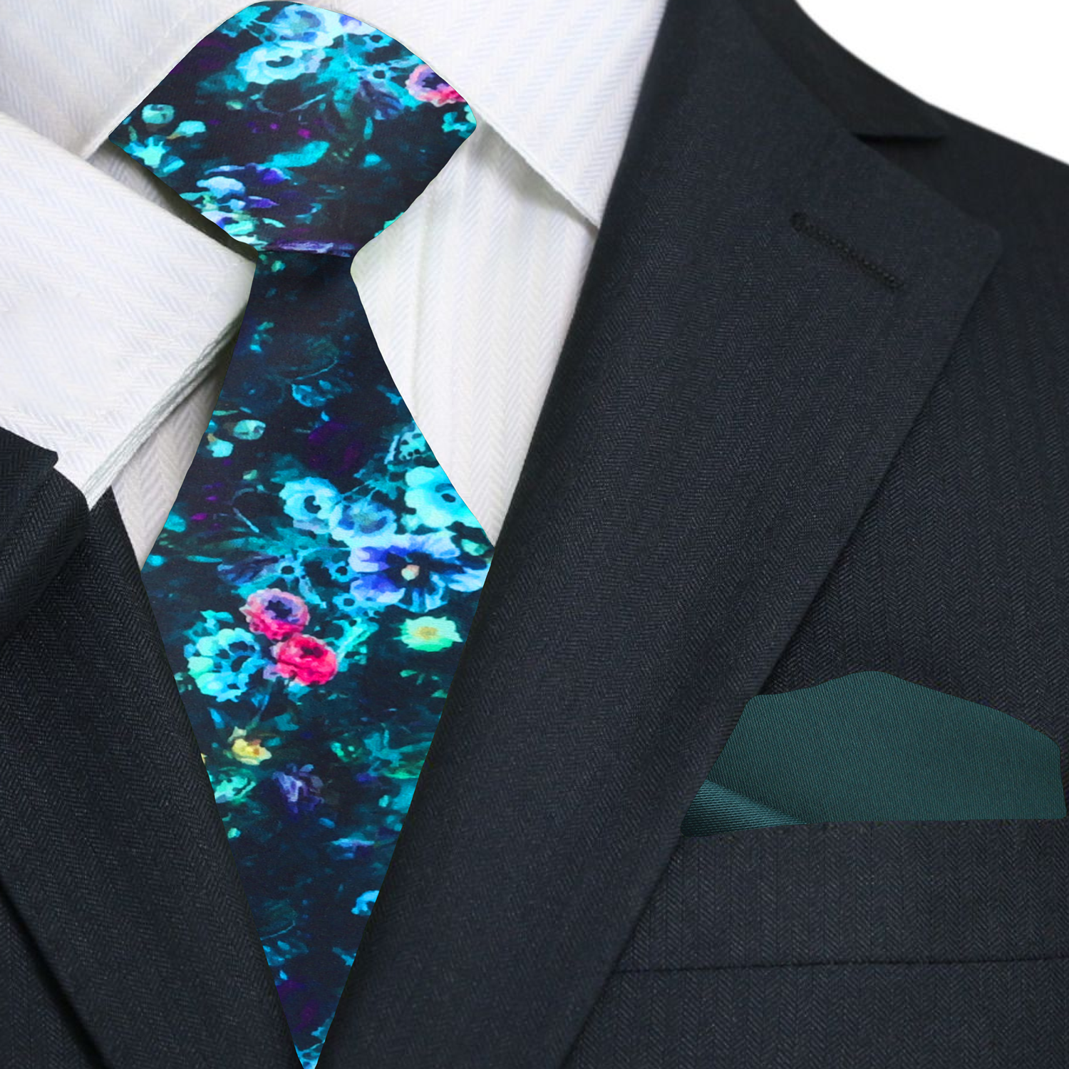 Close-up of the silk texture of the necktie emphasizing its artistic floral pattern.