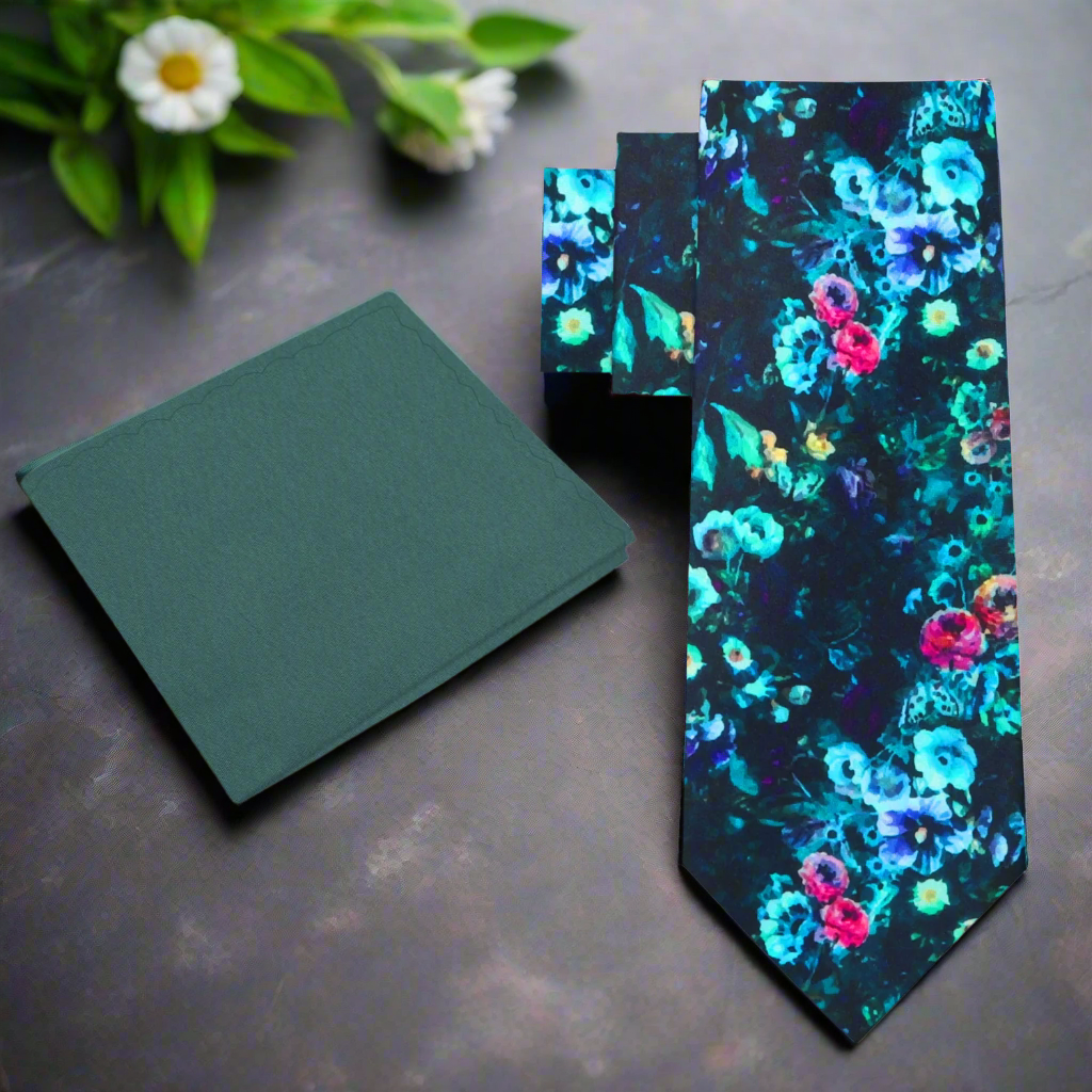 Front view of Floral Symphony Silk Necktie displaying vibrant colors and floral design.