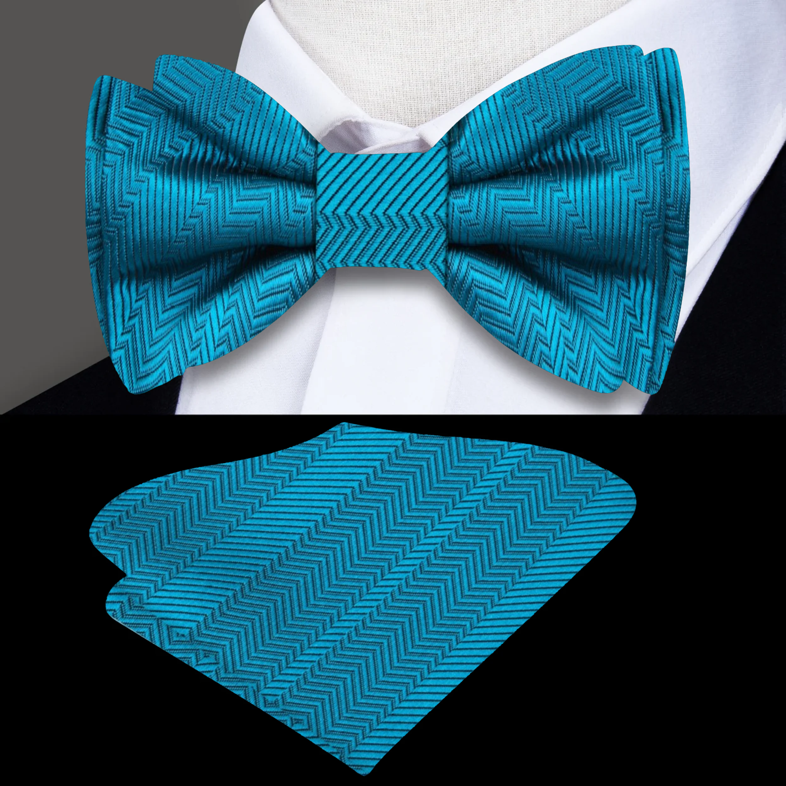 Model wearing a mint green bow tie paired with a white dress shirt, ideal for spring garden parties.