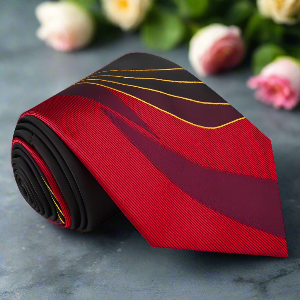 Luxury Abstract Red and Gold Necktie Set displayed on a white background, showcasing the intricate pattern and vibrant colors.