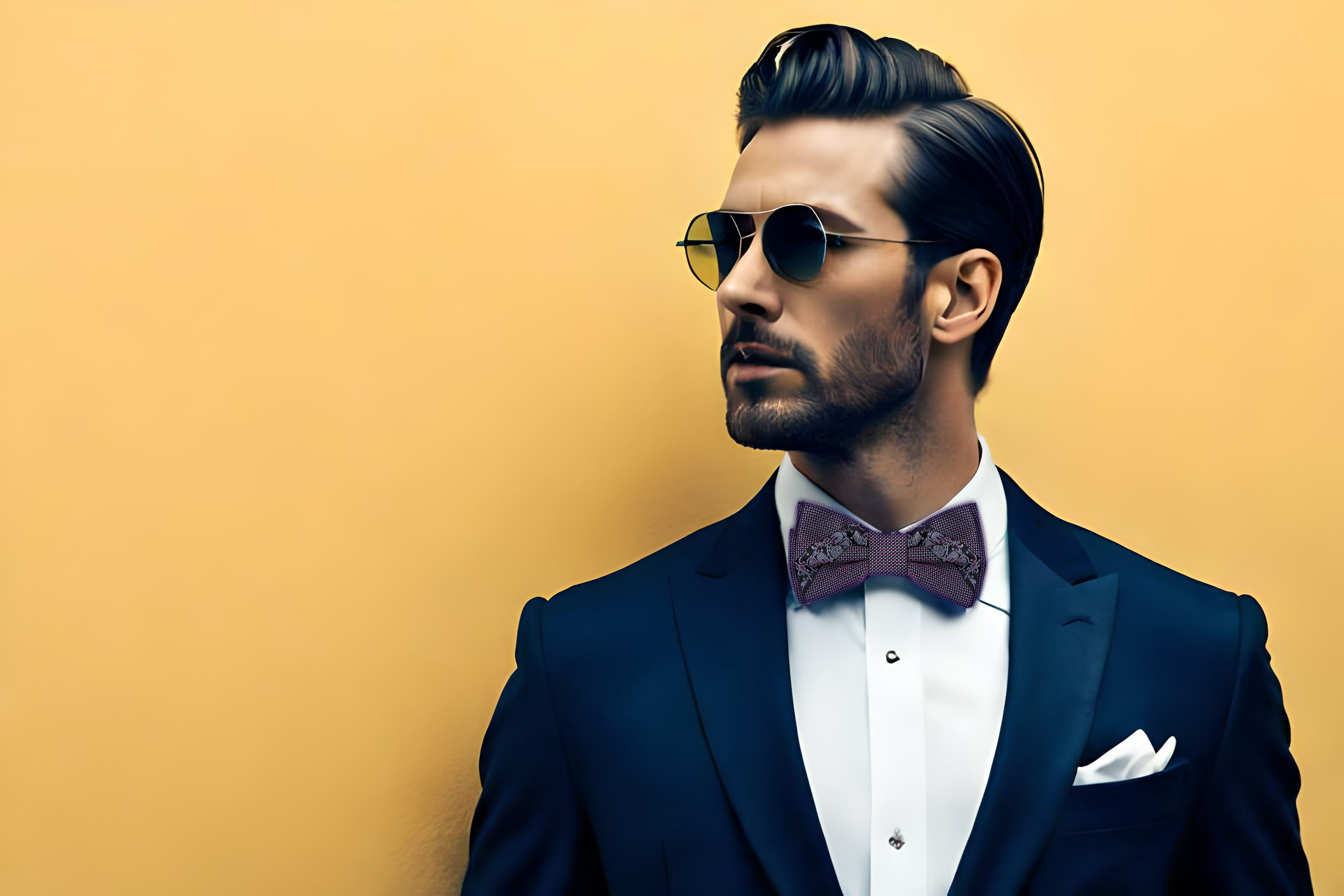 Man wearing adjustable silk bow tie with floral pattern, suitable for weddings and black-tie occasions