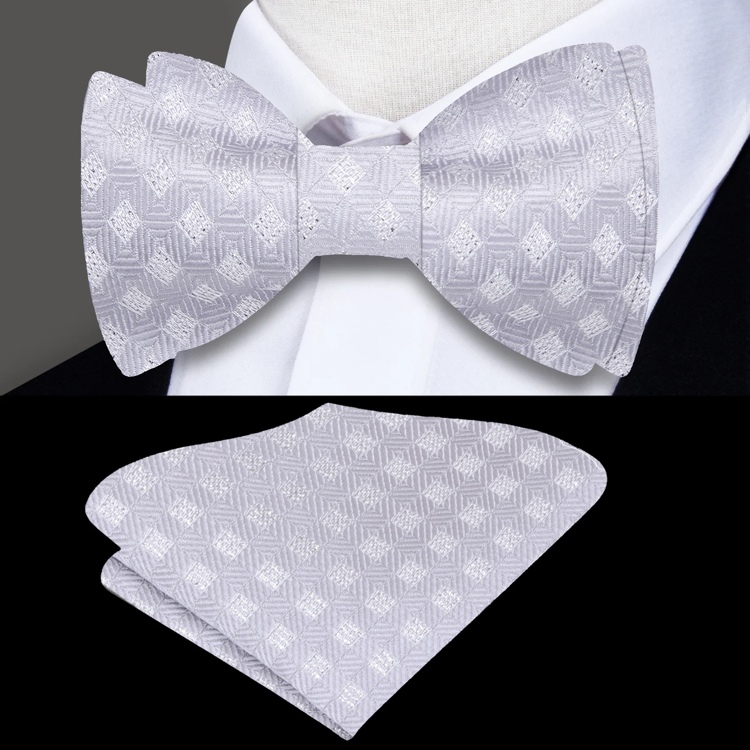 Silk bow tie with geometric diamond pattern and metallic texture for black tie occasions